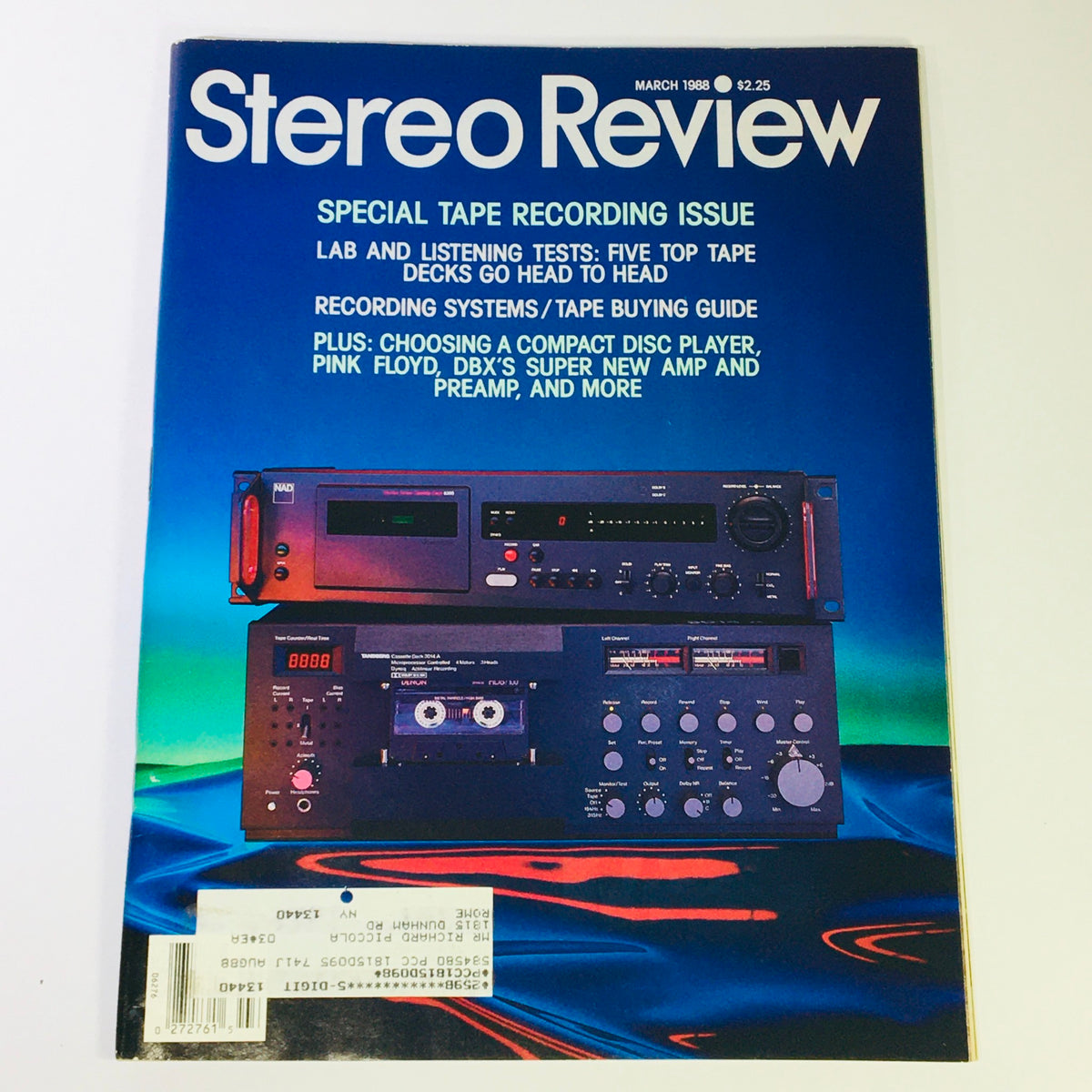 Cover of the VTG Stereo Review Magazine from March 1988 featuring a special tape recording issue. The cover highlights lab tests of top tape decks, recording systems, and a tape buying guide, showcasing audio technology from the late 1980s.