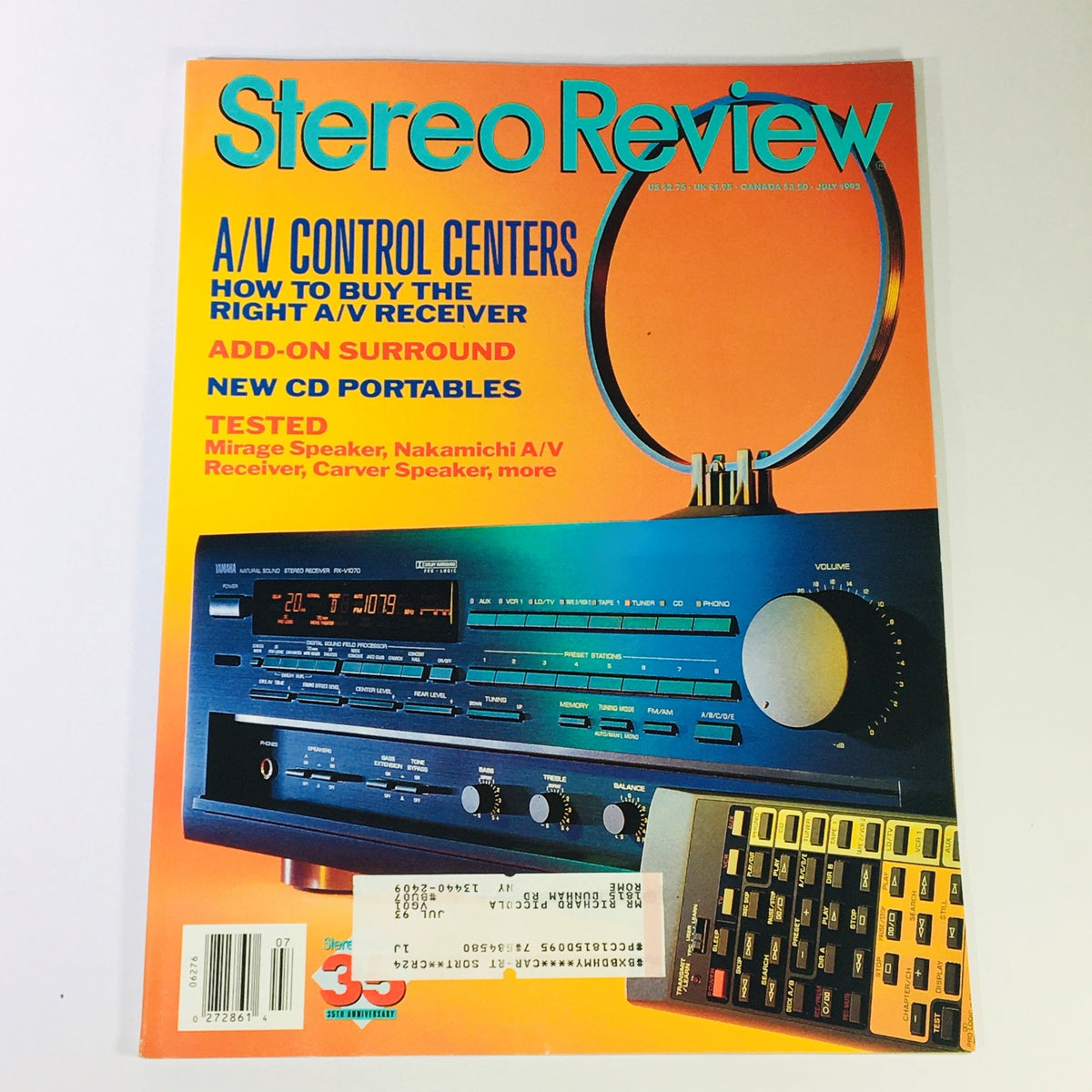 Cover of Stereo Review Magazine July 1993 featuring A/V control centers and tested Mirage speakers with a vibrant design and detailed graphics related to audio equipment.