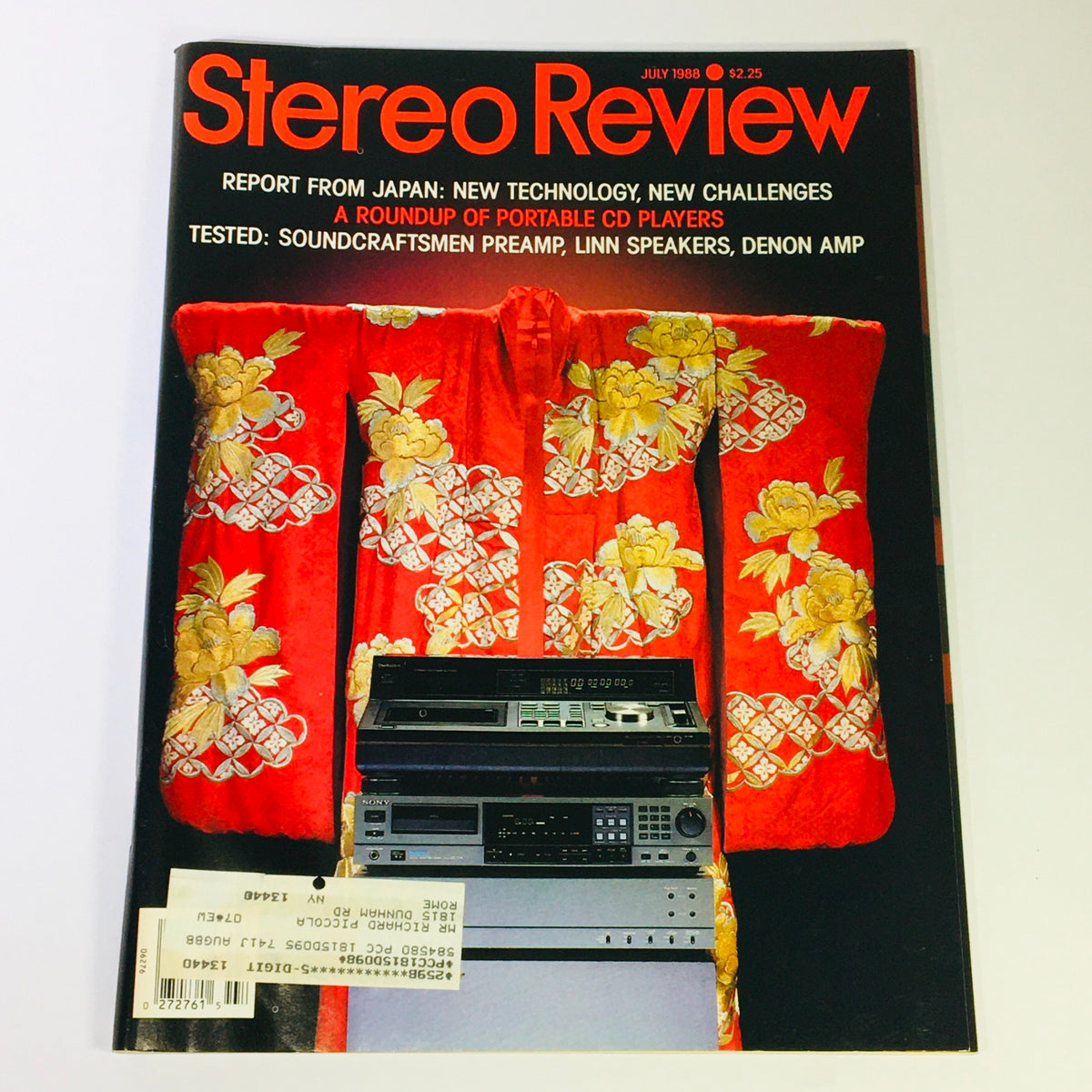 Vintage Stereo Review Magazine cover from July 1988, featuring a red kimono background and showcasing reviews of Soundcraftsmen Preamp and Linn Speakers.
