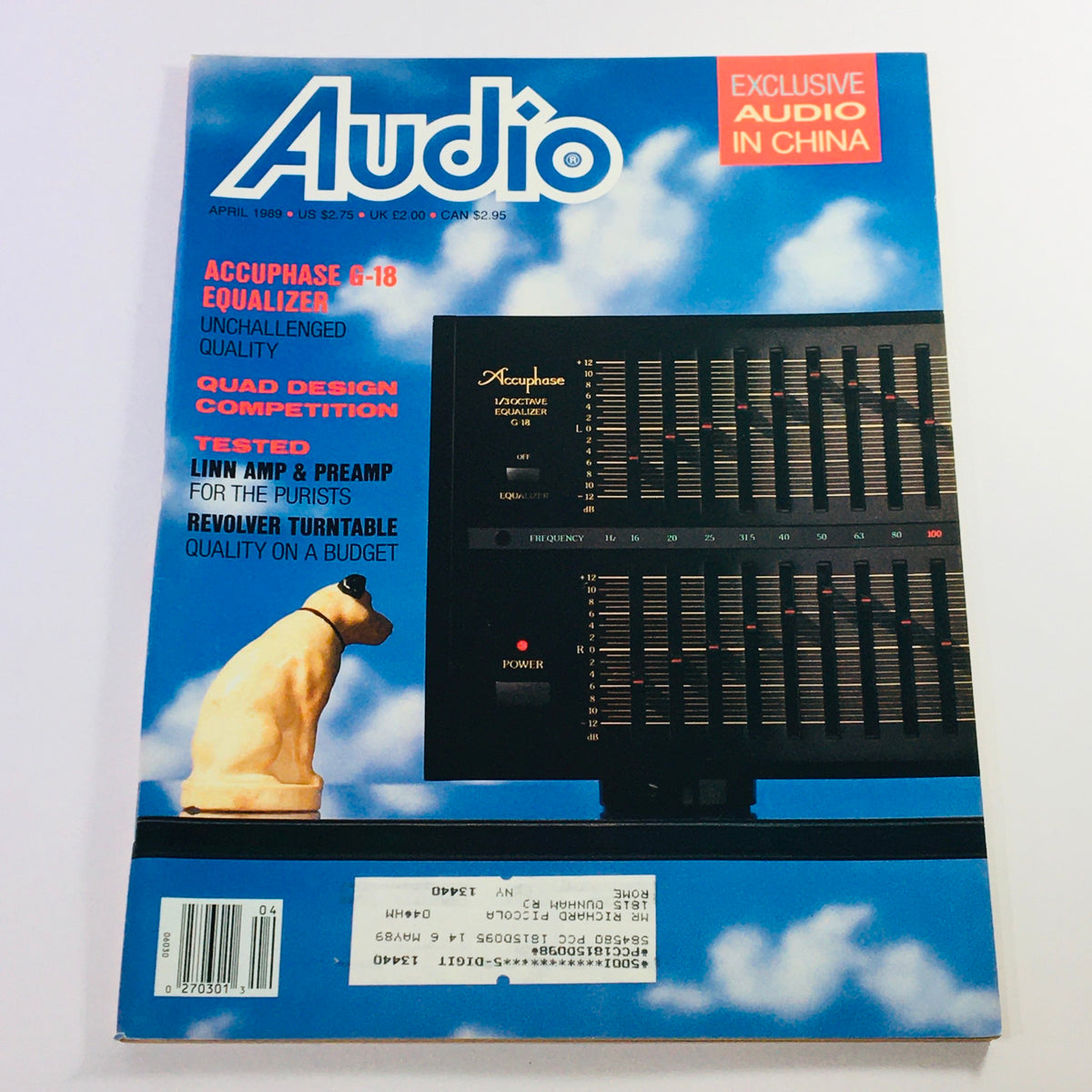 VTG Audio Magazine April 1989 featuring Accuphase G-18 Equalizer, Linn Amp, and Preamp. The cover highlights audio technology advancements with vibrant graphics and a dog figurine, making it a collectible for audiophiles.