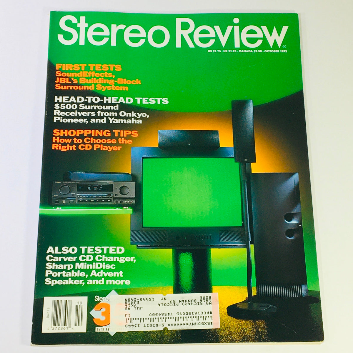 Cover of Stereo Review Magazine from October 1993 featuring the headline 'SoundEffects, JBL's Building-Block Surround System.' Highlights include reviews of surround receivers and tips on choosing the right CD player.