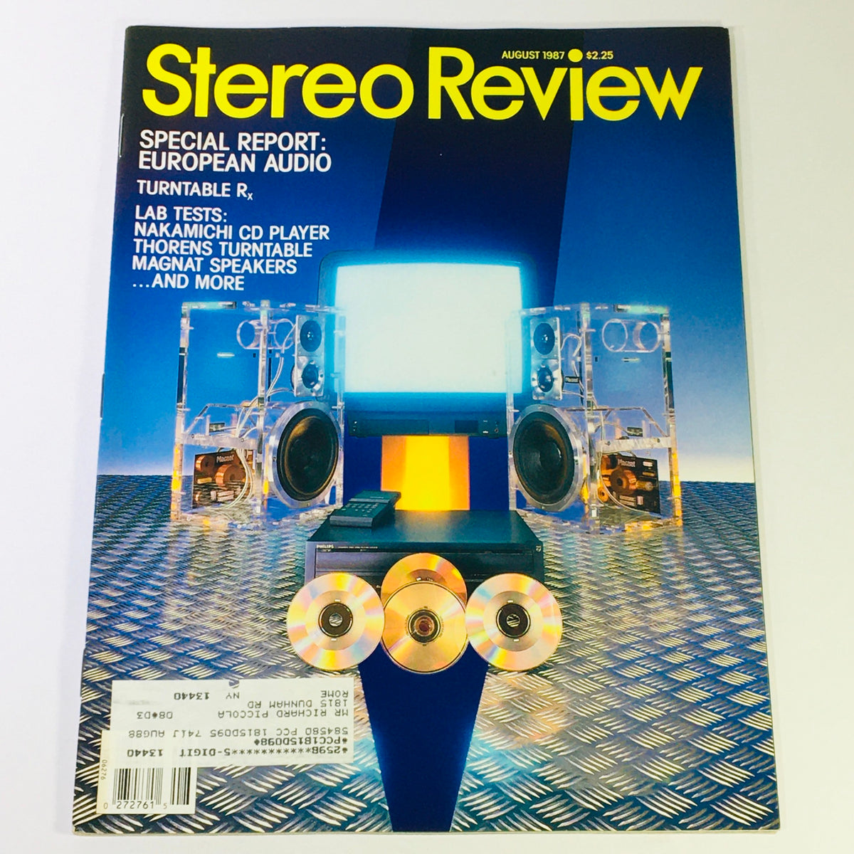 August 1987 issue of Stereo Review magazine featuring an artistic cover with audio equipment such as a Nakamichi CD player and Thorens turntable, showcasing advancements in audio technology.