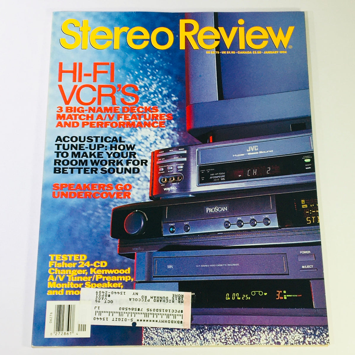 Cover of Stereo Review Magazine January 1994 featuring the Fisher 24-CD Changer and Kenwood A/V Tuner, highlighting topics on Hi-Fi VCRs, acoustical tuning tips, and speaker performance.