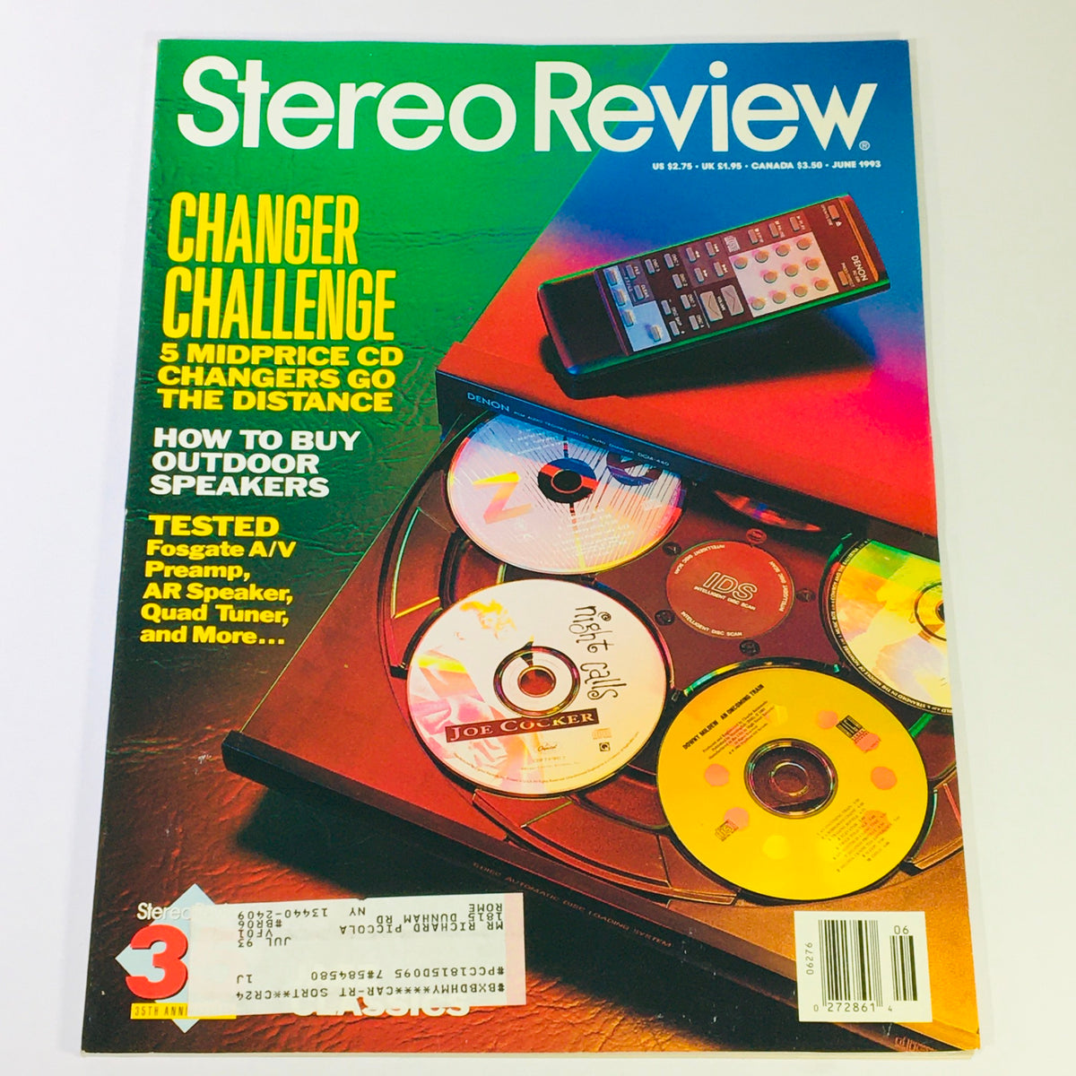 Vintage Stereo Review Magazine from June 1993 featuring a cover design showcasing the Fosgate A/V Preamp, AR Speaker, and Quad Tuner, along with a featured article on outdoor speakers and midprice CD changers.