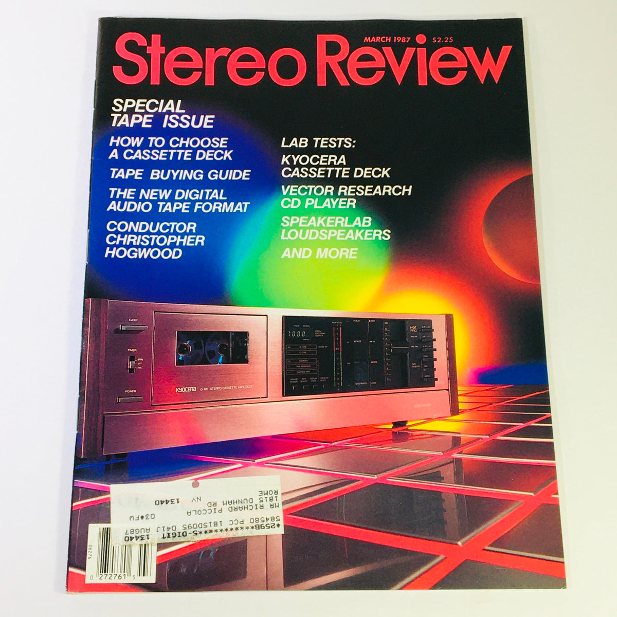 Vintage Stereo Review Magazine March 1987 featuring the Kyocera Cassette Deck and Vector CD Player, showcasing vibrant 1980s design elements and audio technology insights. Ideal for collectors and audiophiles.