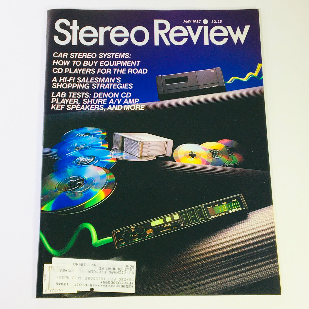 Vintage Stereo Review Magazine cover from May 1987 featuring Denon CD Player, Shure A/V Amplifier lab tests, and audio equipment design with colorful CDs and a sleek magazine layout.