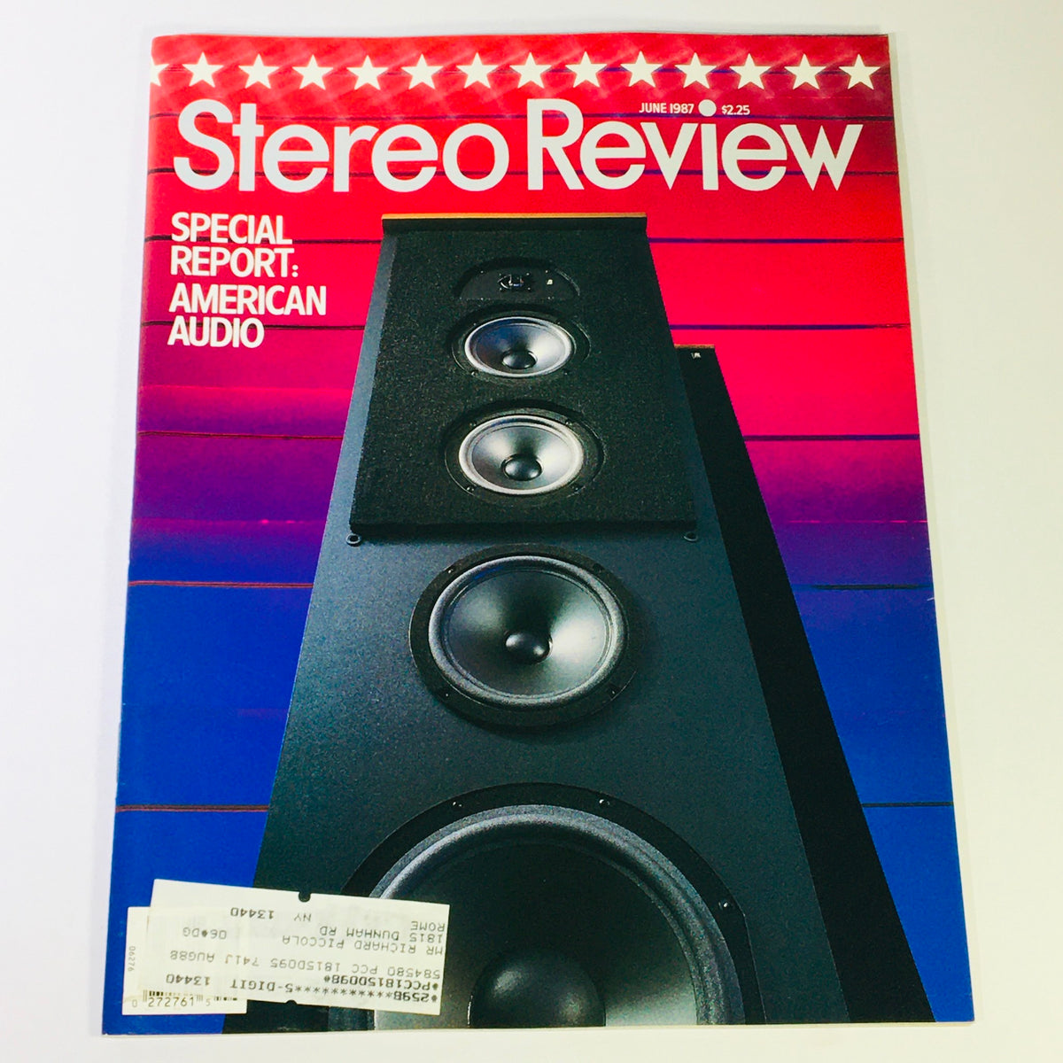 Cover of the VTG Stereo Review Magazine June 1987 featuring a special report on American audio, showcasing prominent speakers against a colorful background.