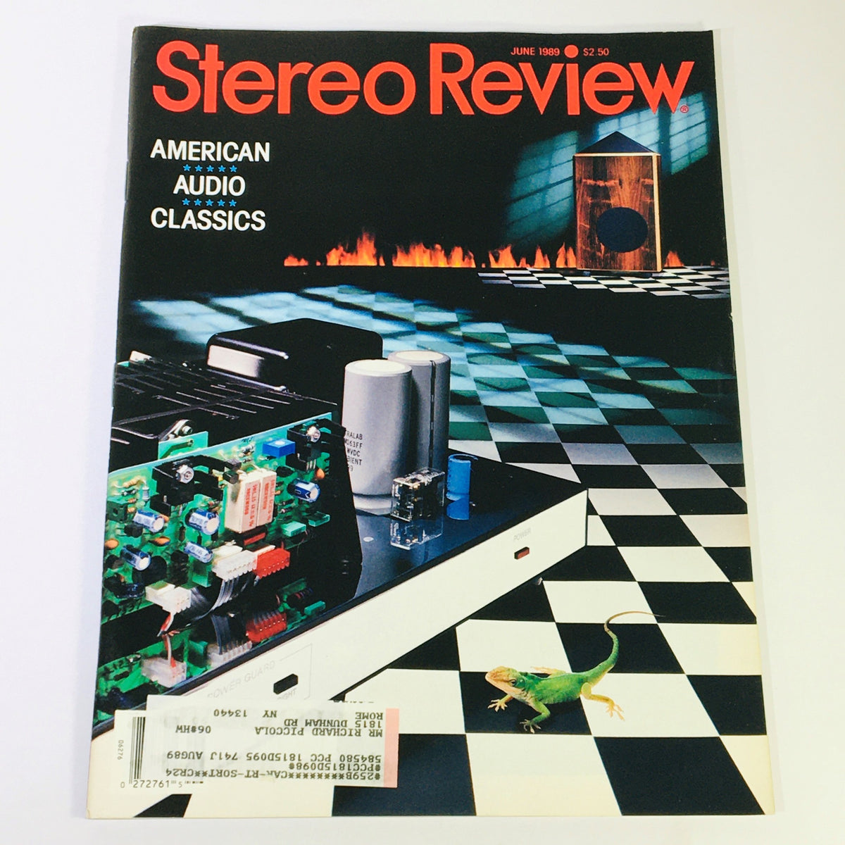 VTG Stereo Review Magazine June 1989 featuring American Audio Classics. The cover showcases high-tech audio equipment with a visually striking background and an illustration of a colorful lizard on a checkered floor.