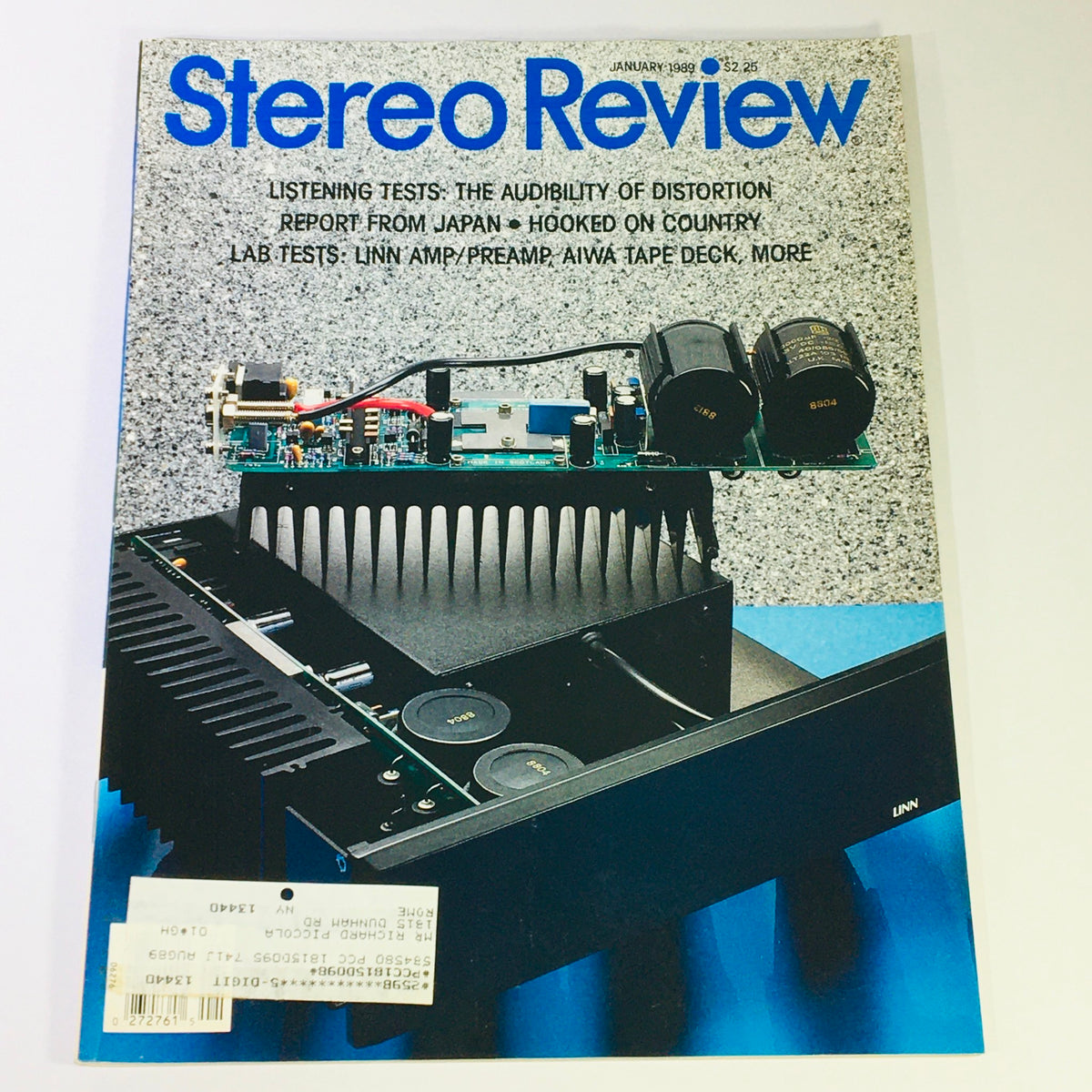 Cover of the January 1989 issue of Stereo Review magazine featuring Linn Amplifier and Preamp and Aiwa Tape Deck tests, showcasing audio technology advancements with a prominent image of audio equipment.