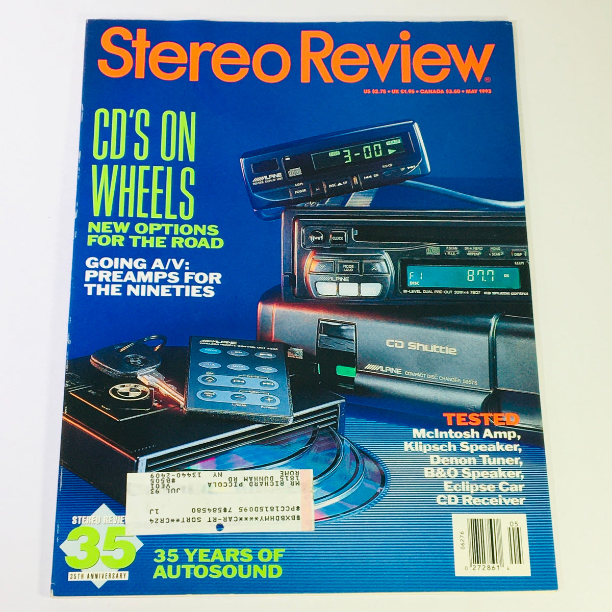 Cover of Stereo Review Magazine May 1993 featuring McIntosh Amplifier and Klipsch Speaker tested. Highlighting CD technology and audio components for cars, with vibrant design and anniversary branding.