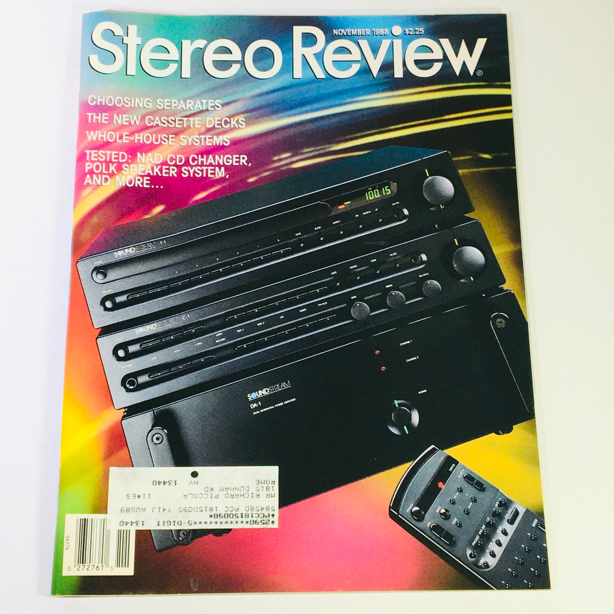 Vintage Stereo Review Magazine from November 1988 featuring the NAD CD Changer and Polk Speaker System on the cover, showcasing audio technology of the late 80s.