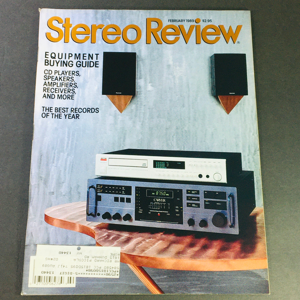 Cover of VTG Stereo Review Magazine February 1989 featuring an Equipment Buying Guide for CD Players, speakers, amplifiers, and receivers along with the best records of the year. The magazine showcases audio equipment in a well-designed layout.
