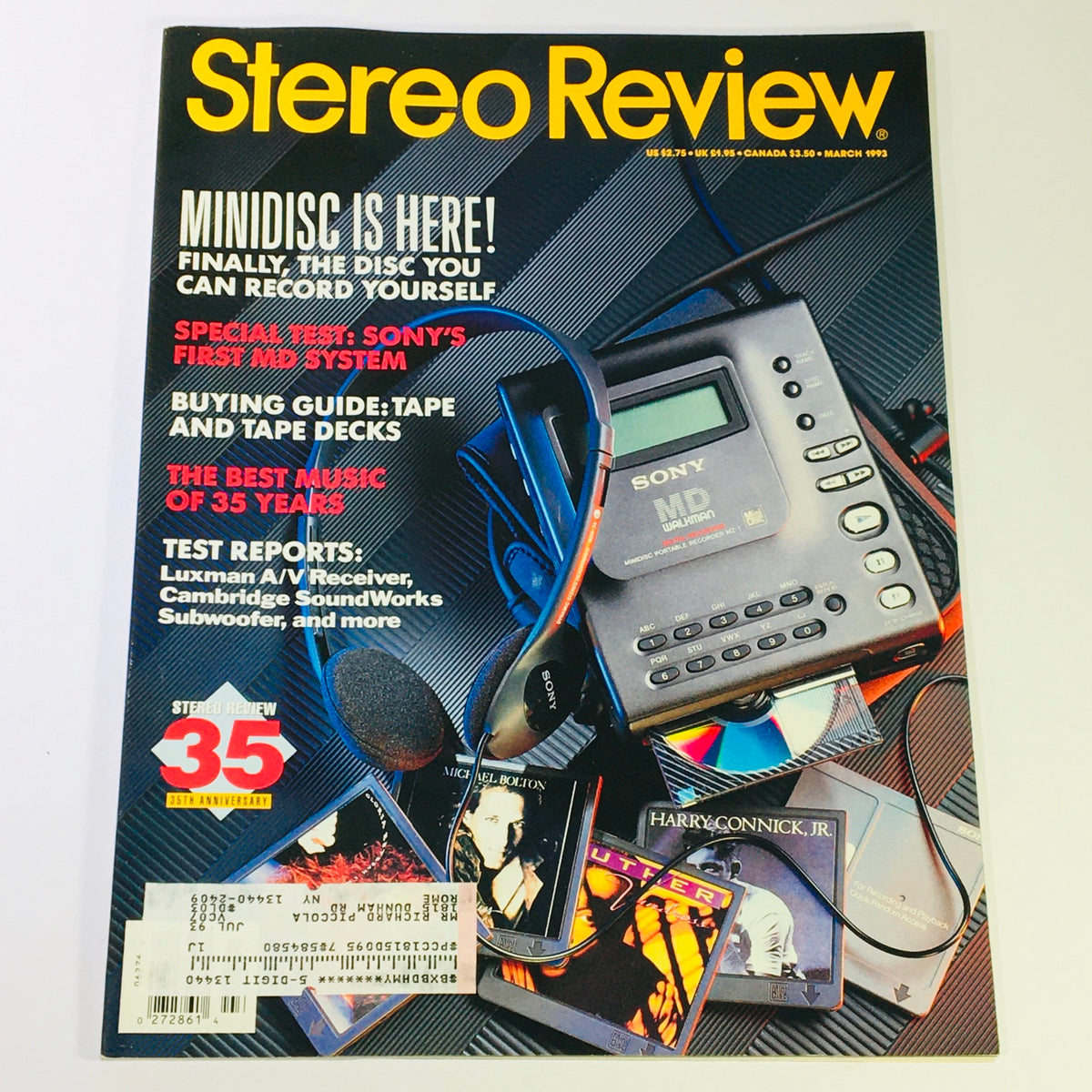 Cover of Stereo Review Magazine March 1993 featuring a Sony Minidisc player, tape decks, and audio CDs, along with reviews for Luxman A/V Receiver and Cambridge Soundworks.