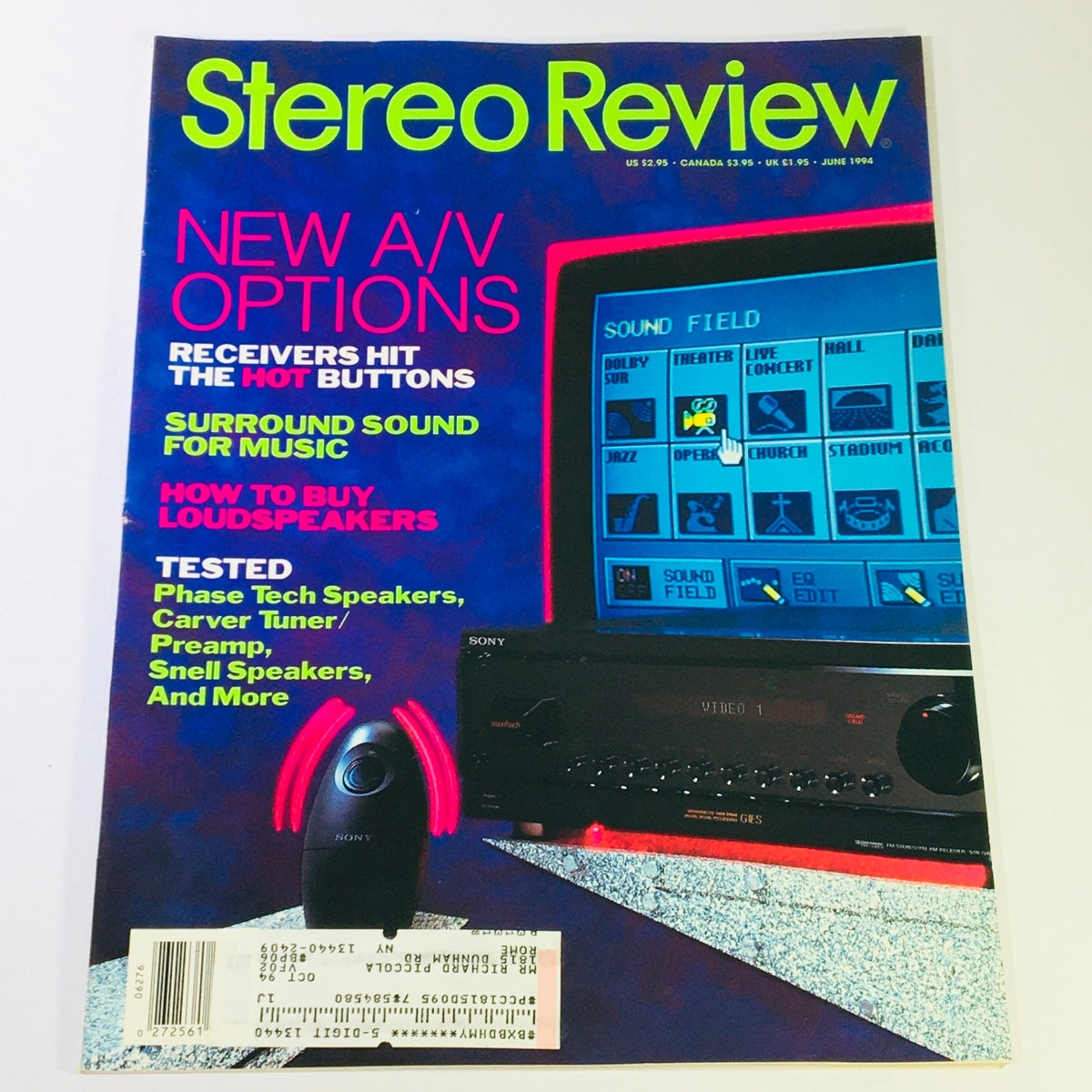 Cover of Stereo Review Magazine, June 1994, featuring articles on new A/V options, sound technology, and reviews of Phase Tech speakers and Carver tuner.