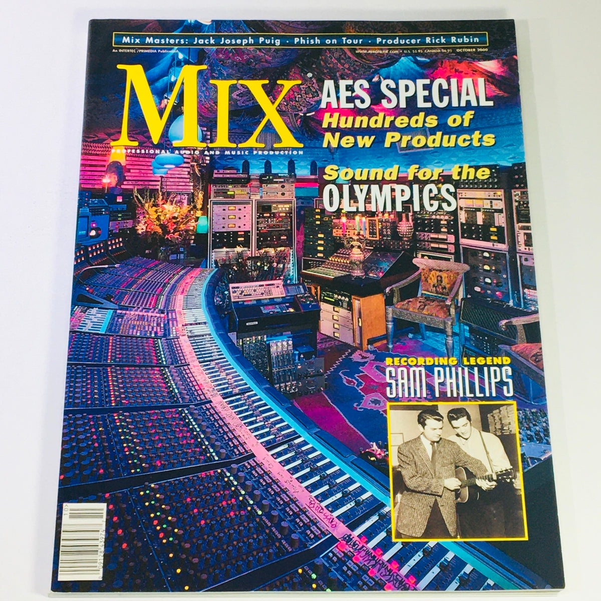 Cover of Mix Music Magazine October 2000 featuring AES Special, Sound for the Olympics, and recording legend Sam Phillips. The magazine showcases audio technology advancements and insights into the music industry.