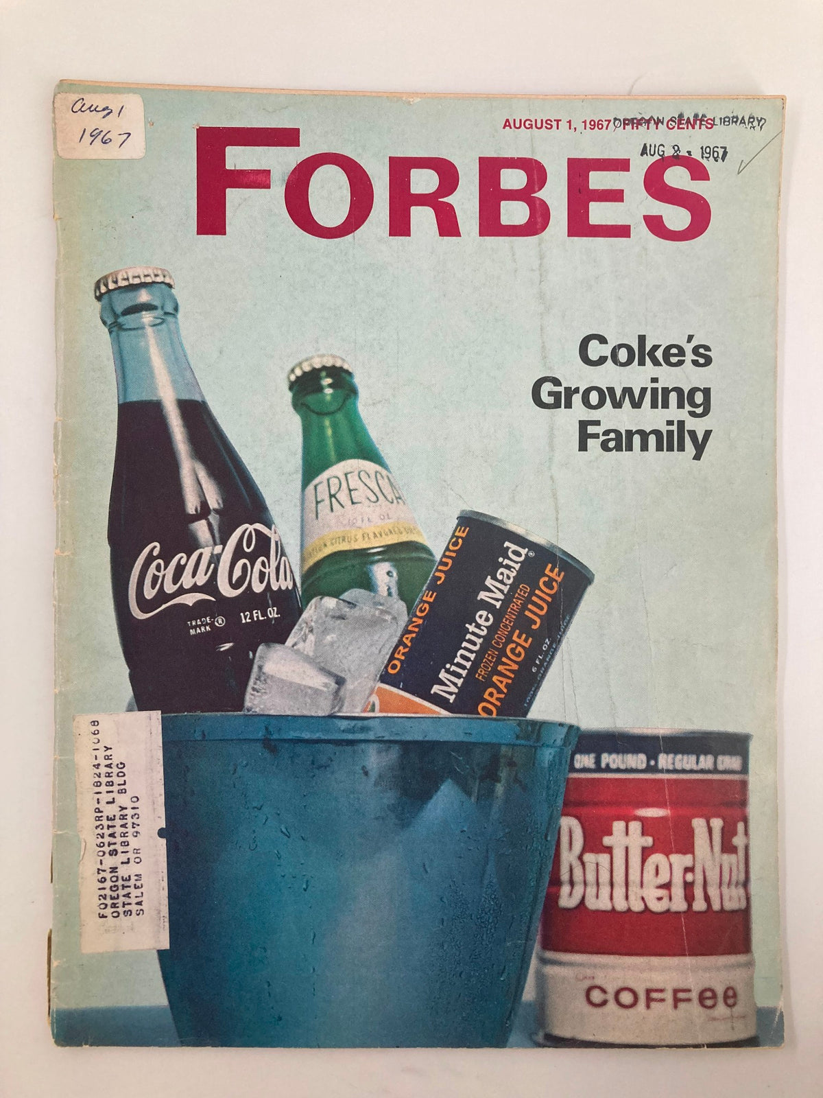 Cover of Forbes Magazine, August 1, 1967, featuring the title 'Coke's Growing Family' with images of Coca-Cola, Fresca, Minute Maid, and Butter Nut Coffee.