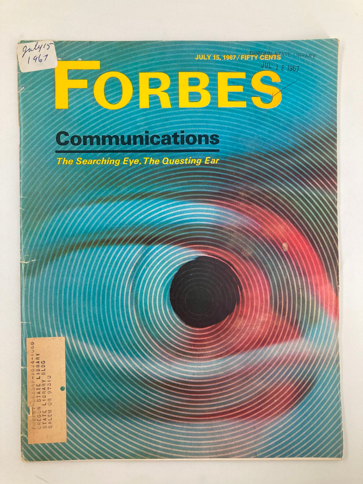 Cover of VTG Forbes Magazine from July 15, 1967, featuring the title 'Communications: The Searching Eye & Questing Ear' with a vibrant design and a label indicating the date