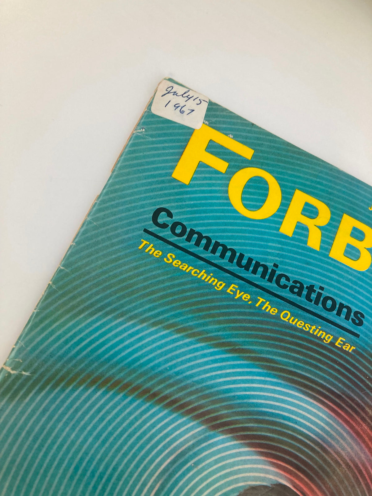 Detailed image of the magazine cover of VTG Forbes Magazine from July 15, 1967, featuring the title 'Communications: The Searching Eye & Questing Ear' with a date label and color patterns