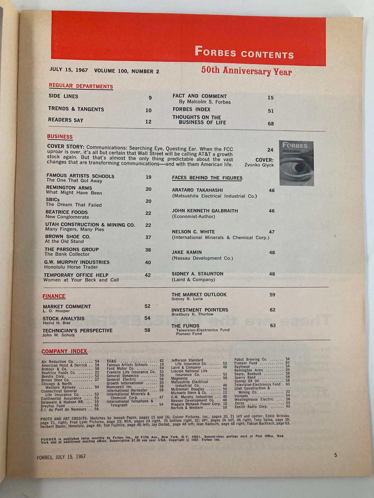 Interior page of VTG Forbes Magazine from July 15, 1967, showing the contents section with articles related to the theme 'Communications: The Searching Eye & Questing Ear'