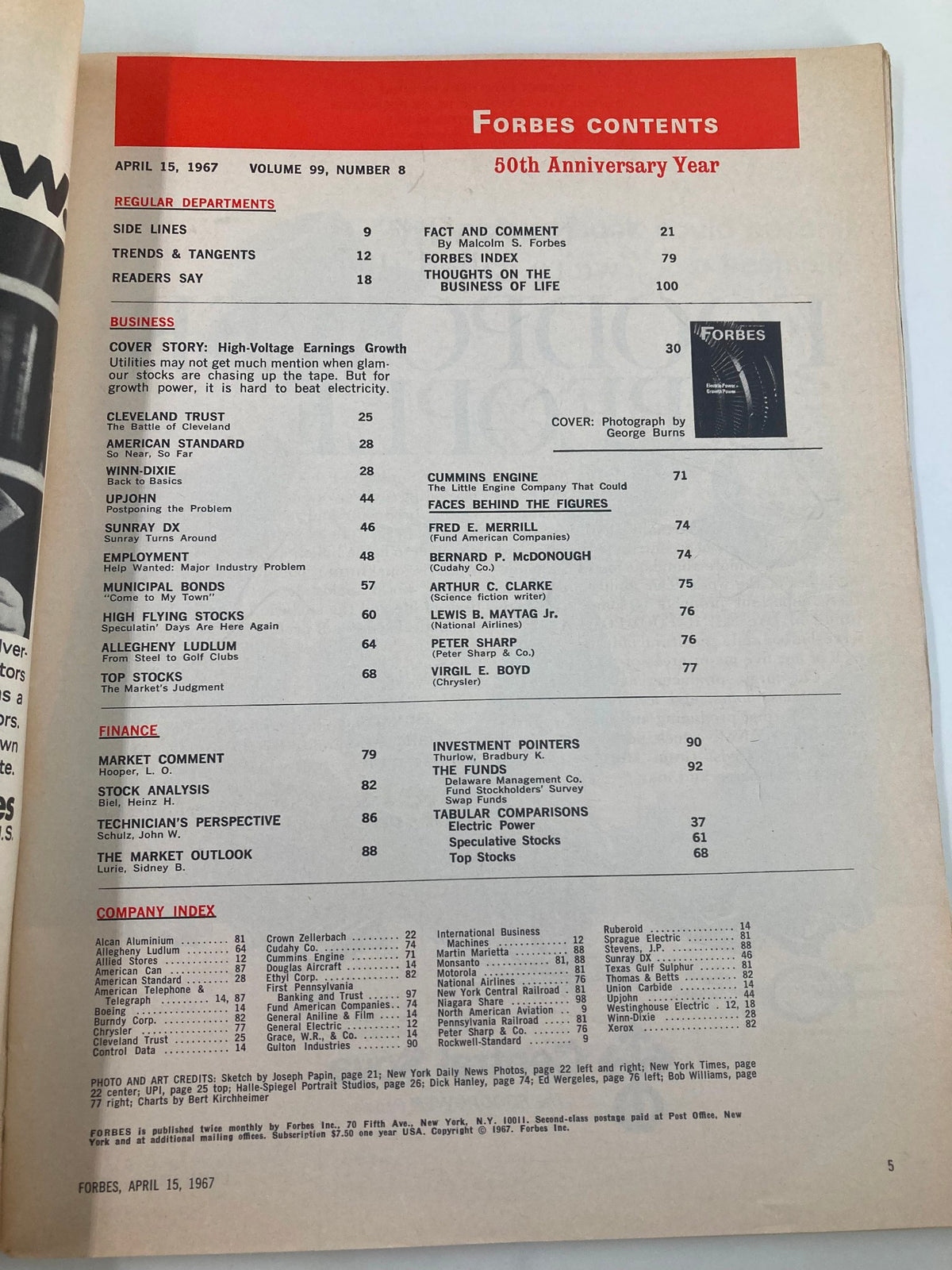 Contents page of VTG Forbes Magazine April 15, 1967, showcasing the articles and features in the magazine, including the high-voltage earnings growth cover story.