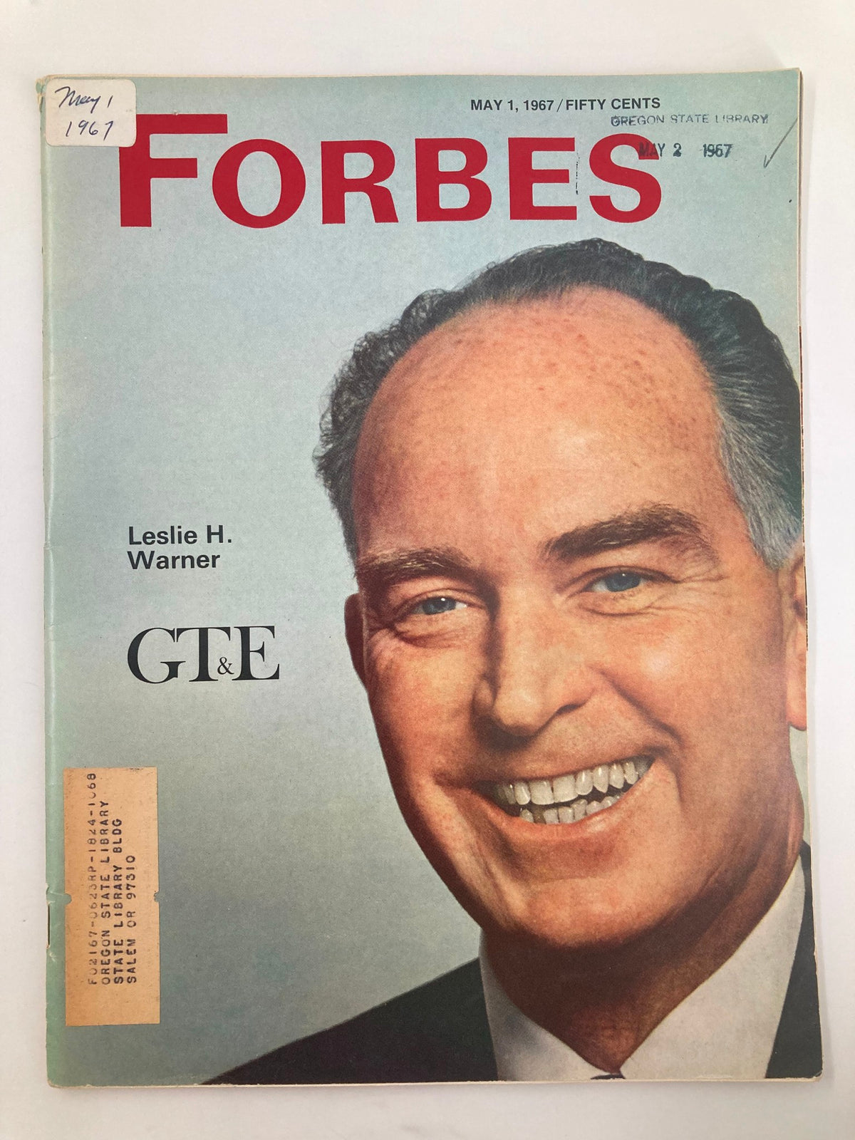 Cover of VTG Forbes Magazine May 1 1967 featuring Leslie H. Warner and GT&E, showcasing a portrait of Leslie H. Warner with prominent text.