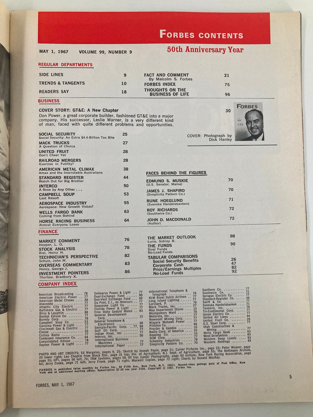 Contents page of VTG Forbes Magazine May 1 1967 revealing the features including a cover story on GT&E: A New Chapter and various business topics.