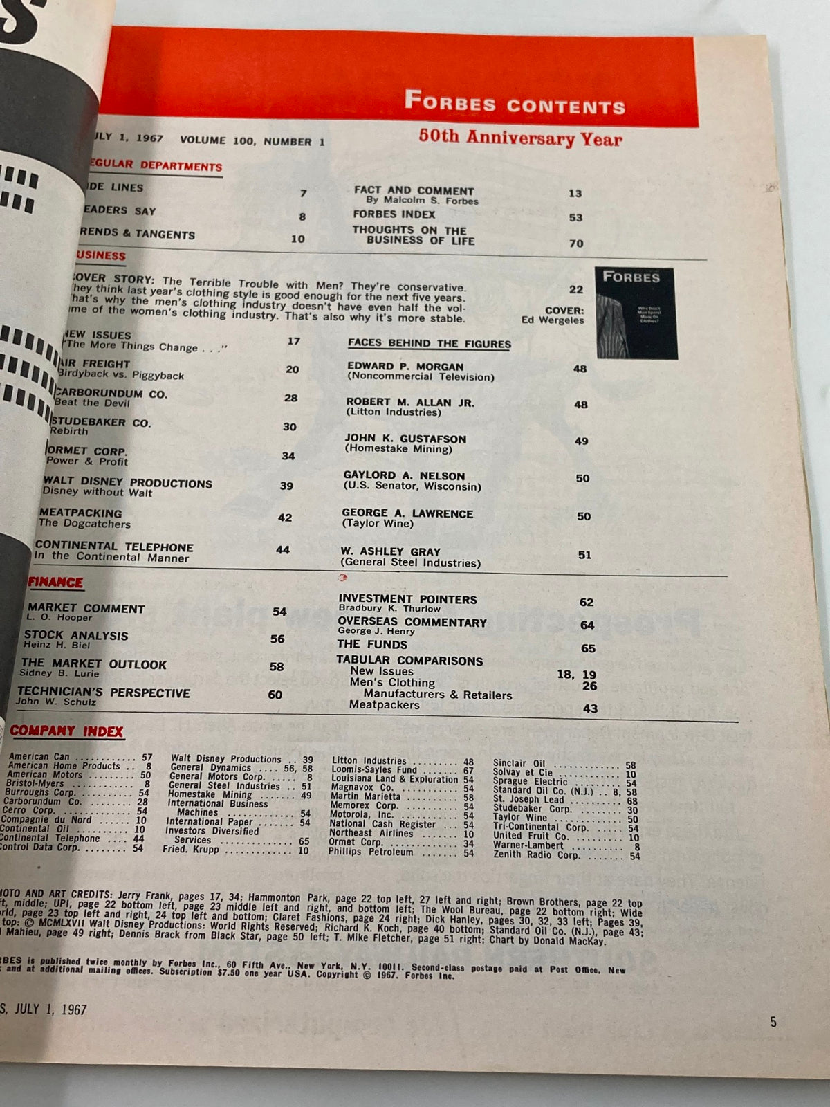Contents page of VTG Forbes Magazine July 1 1967, showcasing the articles and sections in the issue including a feature on men's clothing spending.
