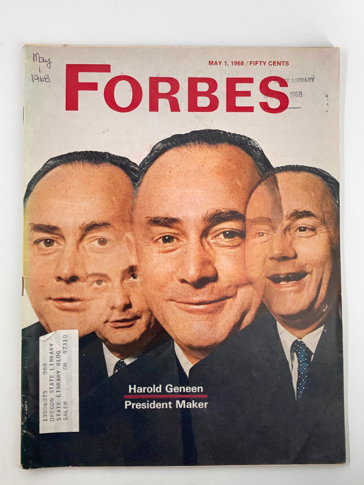 Cover of VTG Forbes Magazine May 1 1968 featuring Harold Geneen, President Maker, with bold text and vintage design.