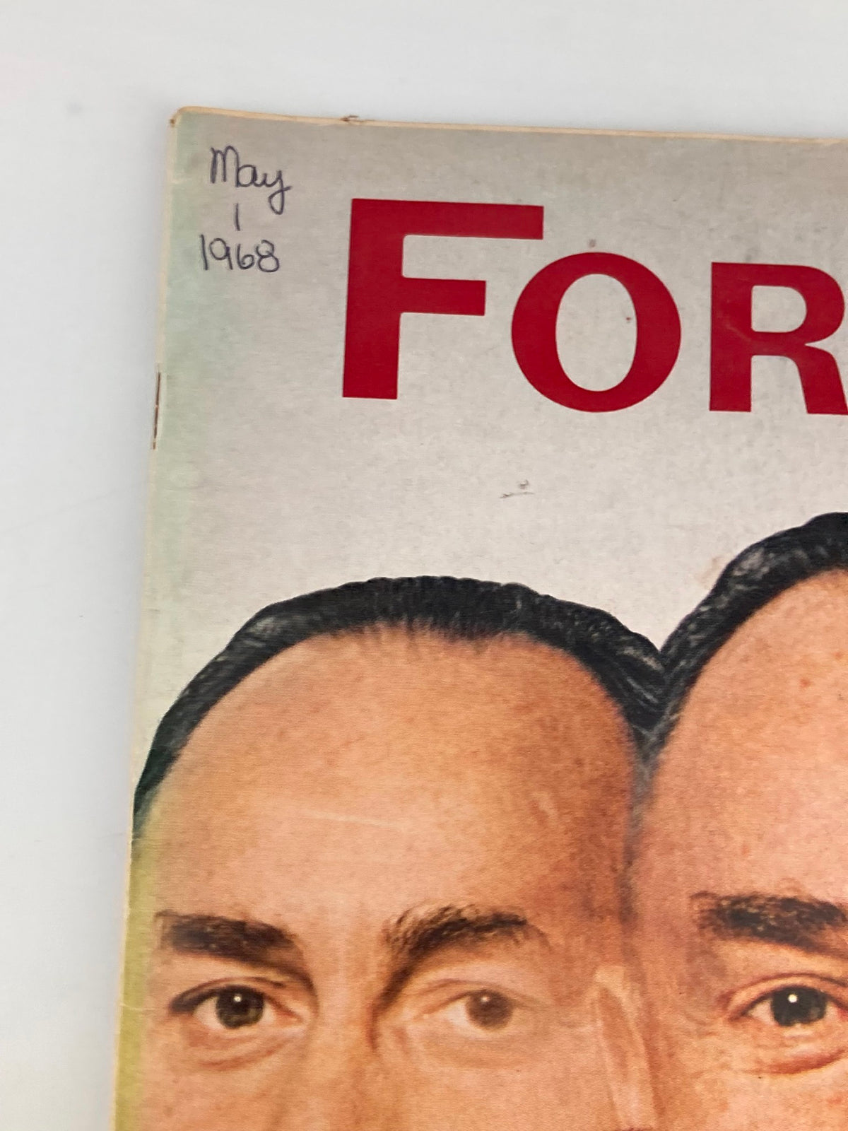 Close-up of the upper left corner of the VTG Forbes Magazine May 1 1968, showing the date and magazine title.