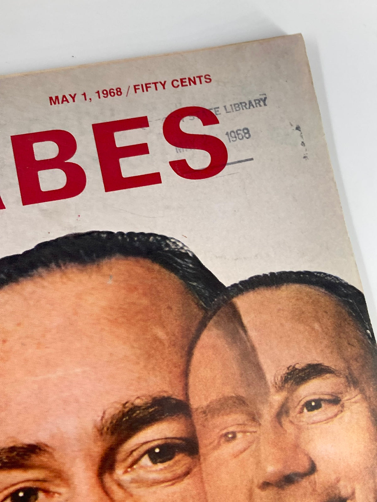Close-up of the upper portion of the VTG Forbes Magazine May 1 1968, highlighting the publication date and library stamp.