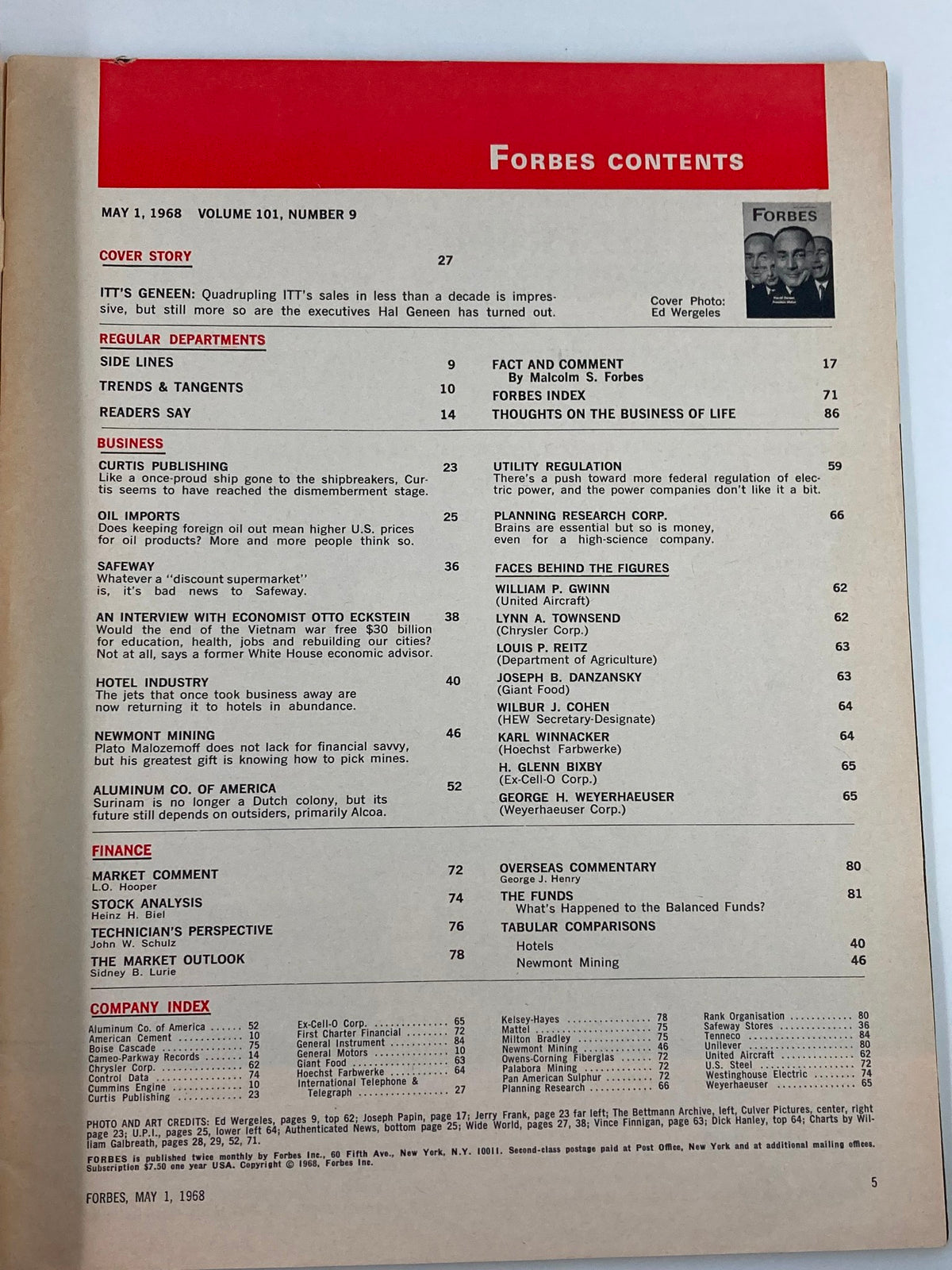 Contents page of VTG Forbes Magazine May 1 1968, listing featured articles and sections including the cover story and business insights.