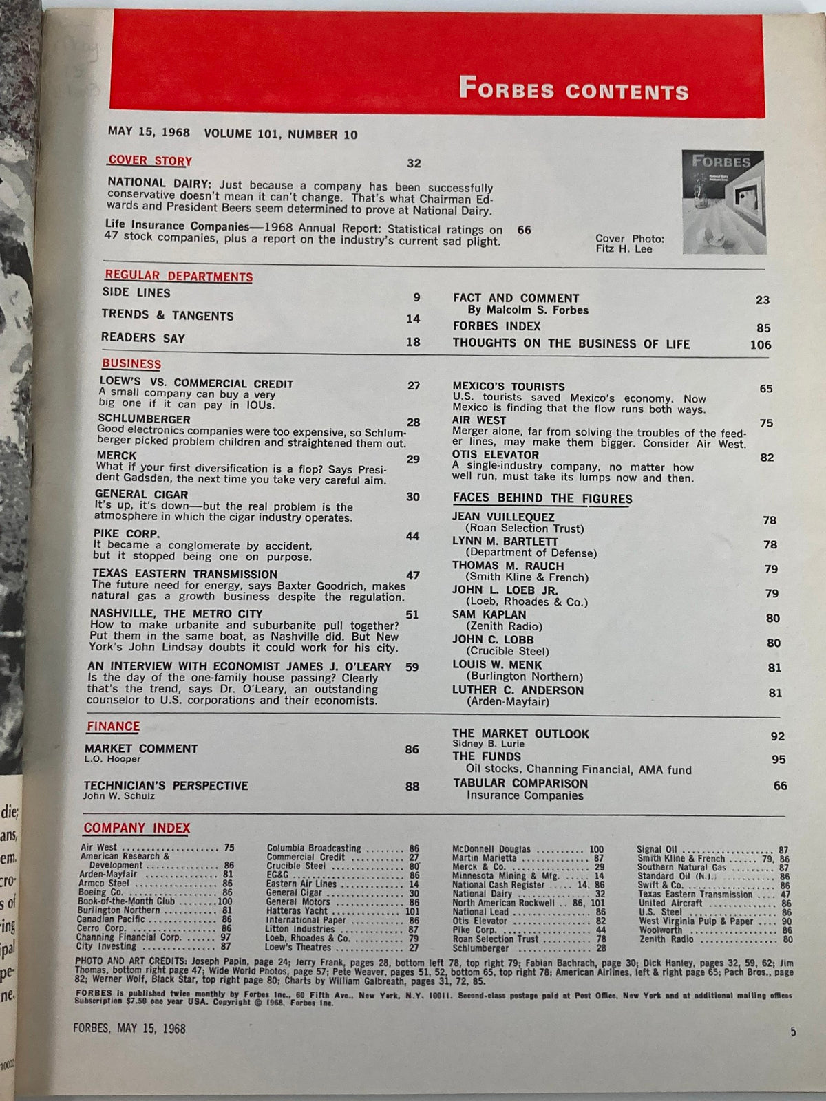 Contents page of Forbes Magazine dated May 15, 1968, listing articles including the cover story on National Dairy Products.