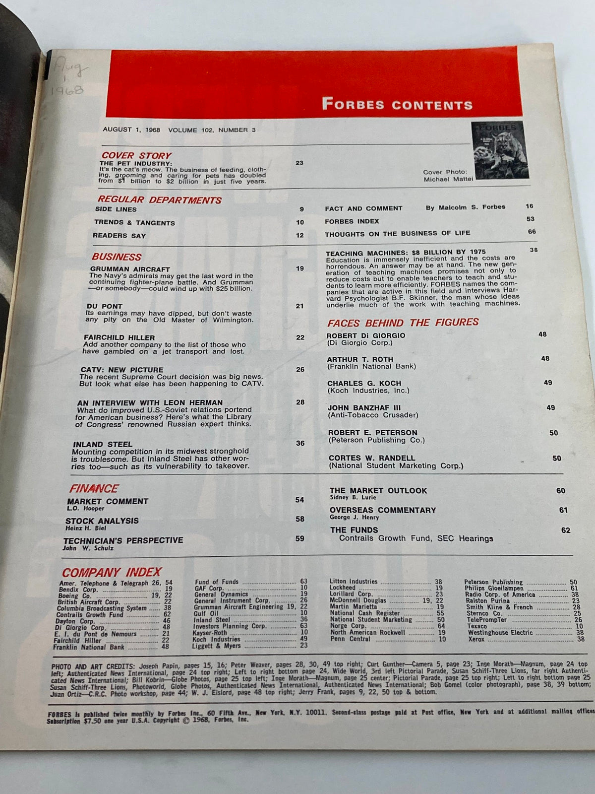 Interior page of VTG Forbes Magazine August 1, 1968 showcasing the contents, including articles on the pet industry and business insights.