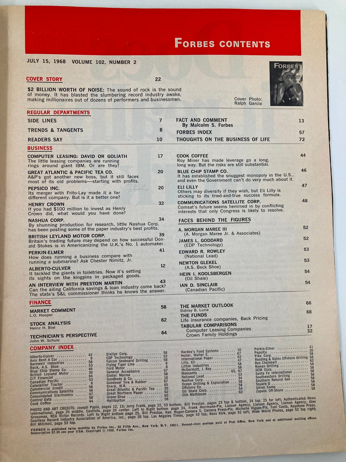 Contents page of the vintage Forbes magazine from July 15, 1968, listing articles and the cover story 'The Record Business: Psychedelic Billion,' reflecting its rich editorial content.