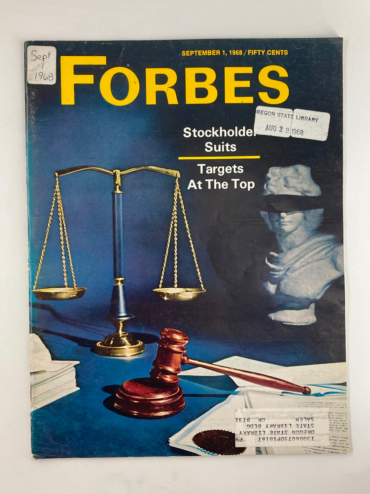 Vintage Forbes Magazine from September 1, 1968 featuring an article titled 'Stockholder Suits: Targets at the Top' with a gavel and scale on the cover, reflecting historical business themes and market dynamics.