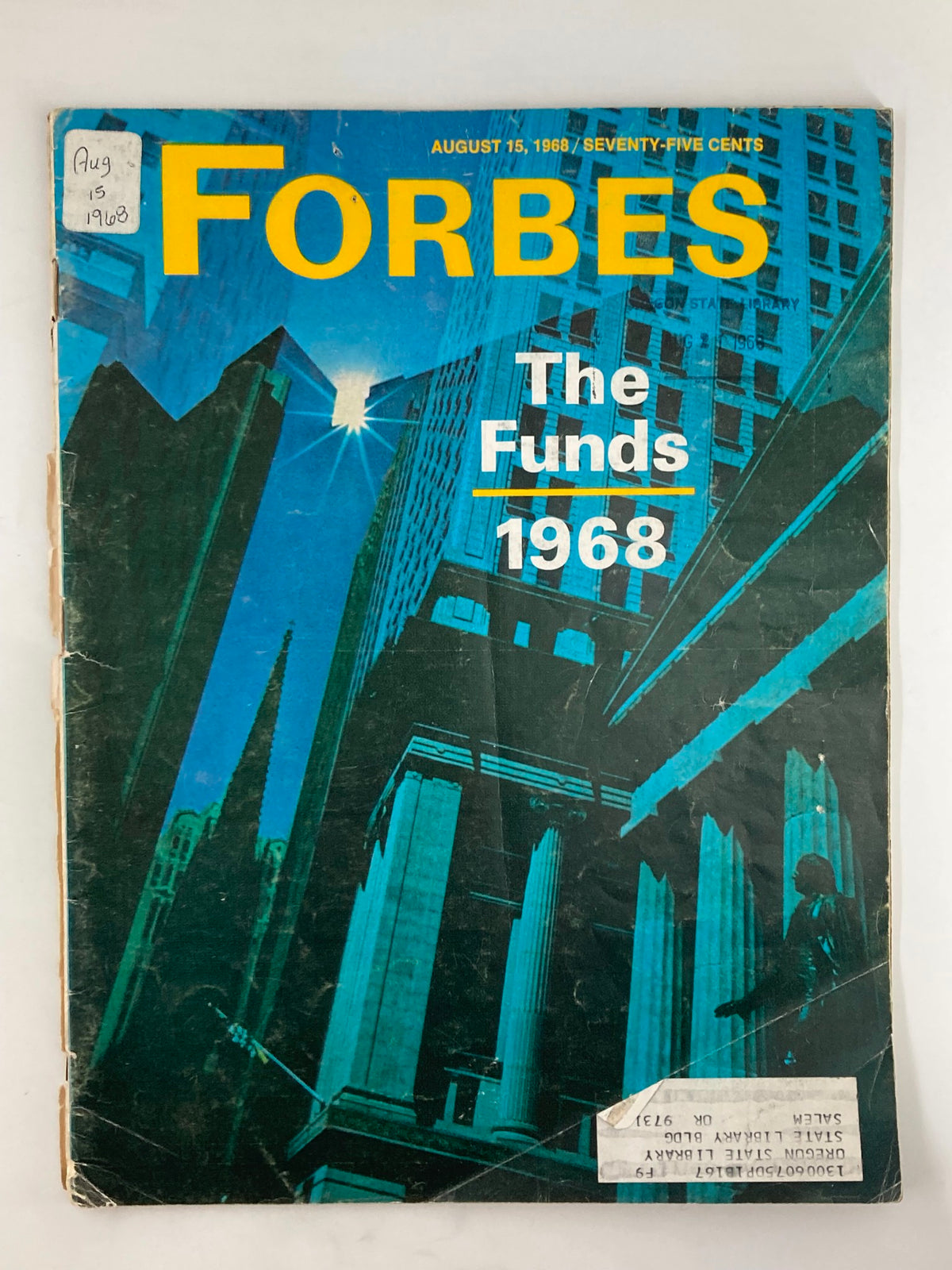 Cover of VTG Forbes Magazine August 15 1968 featuring a prominent title 'The Funds 1968', showcasing architectural elements and vintage design.