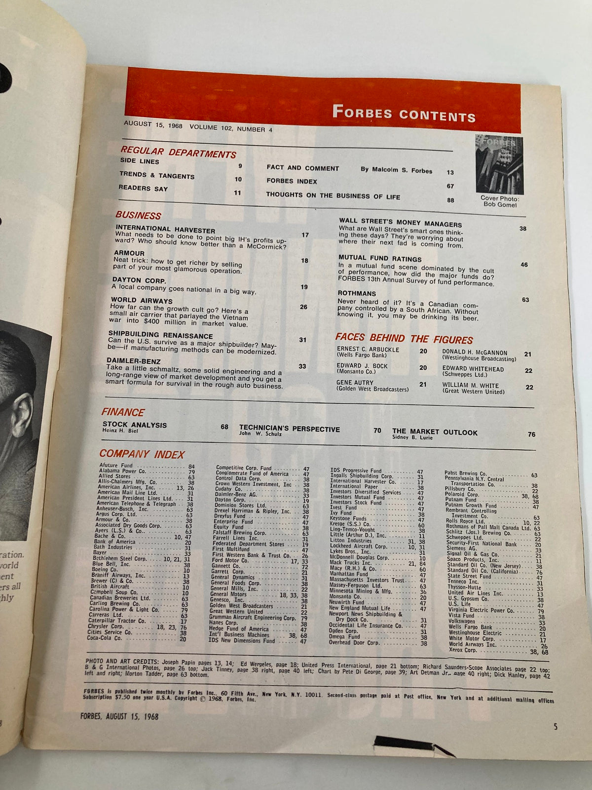 Contents page of VTG Forbes Magazine August 15 1968 highlighting business articles and features relevant to Wall Street's money managers.