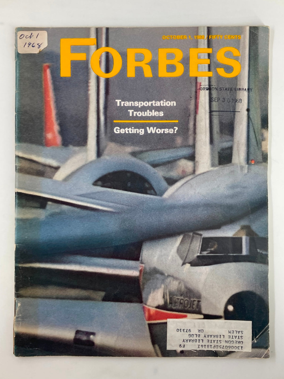 Cover of the VTG Forbes Magazine October 1, 1968, featuring the title 'Transportation Troubles Getting Worse?' with visible library stamps and stickers.