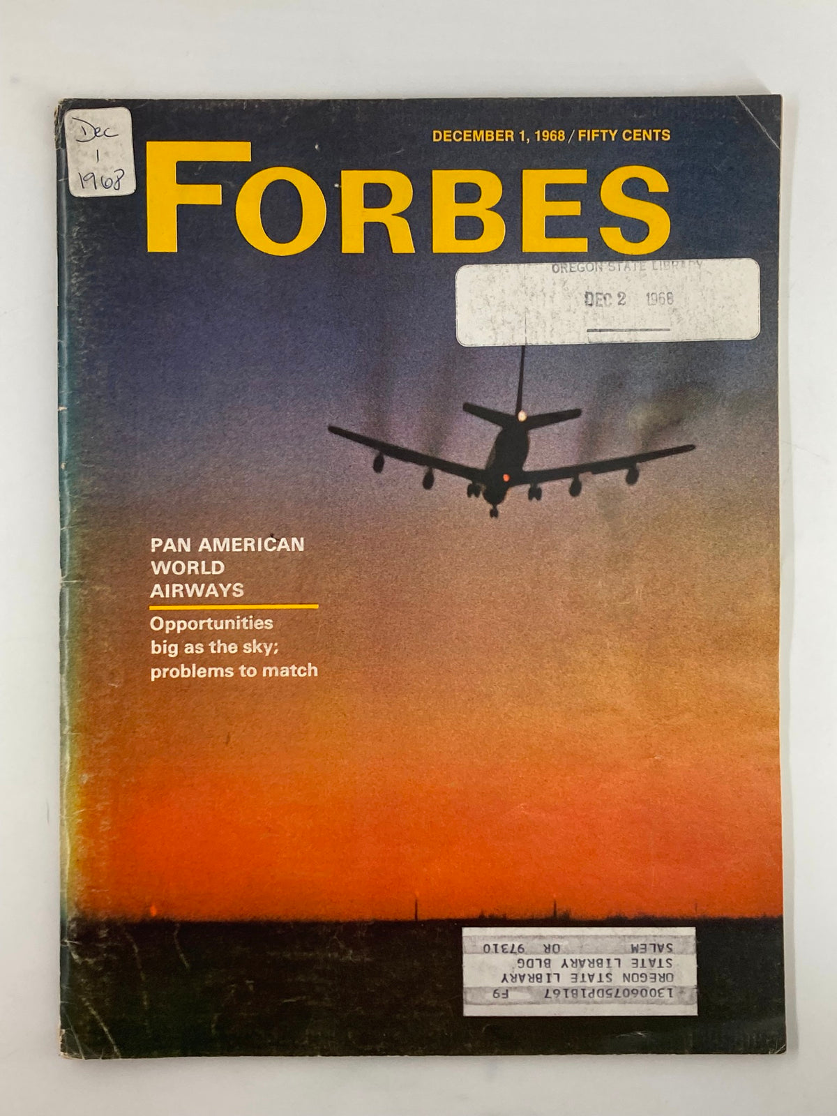 Cover of VTG Forbes Magazine December 1, 1968 featuring Pan American World Airways, showcasing a silhouette of an airplane against a colorful sunset, highlighting aviation opportunities.