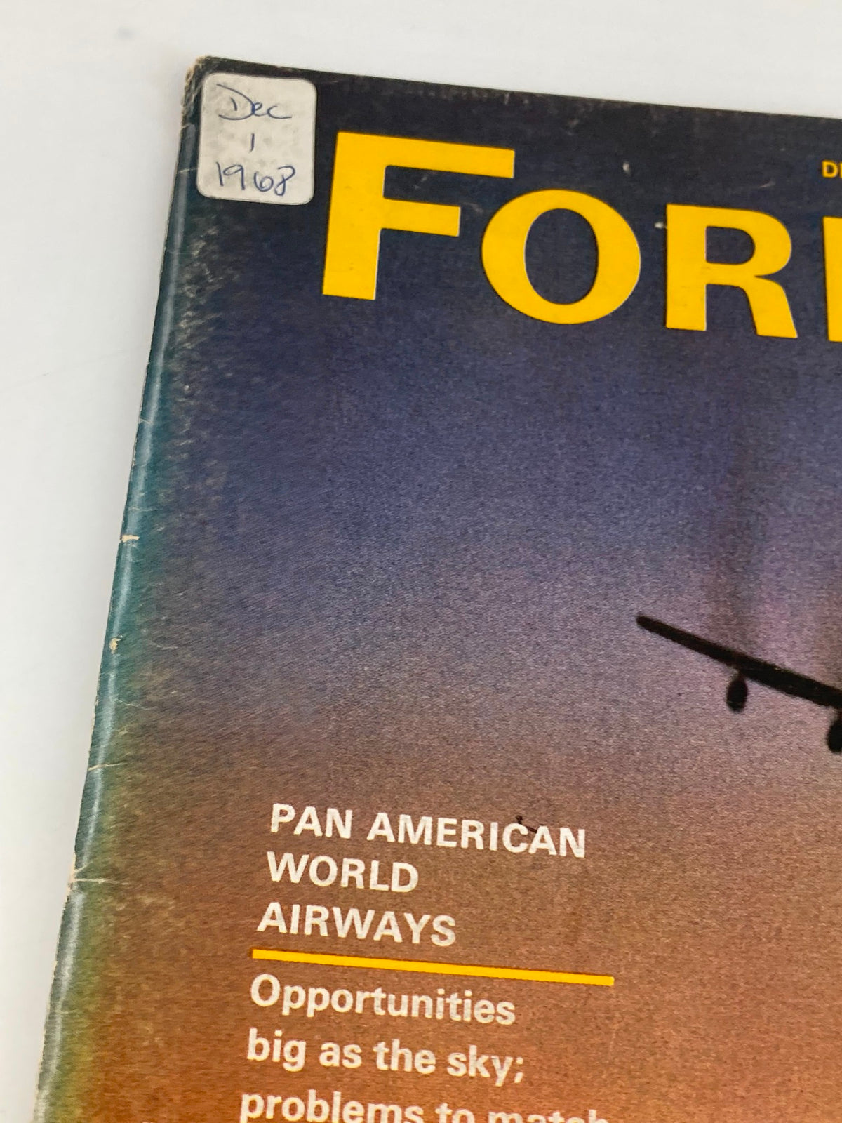 Detail of the front cover of VTG Forbes Magazine December 1, 1968, highlighting the Pan American World Airways feature and a dated label.