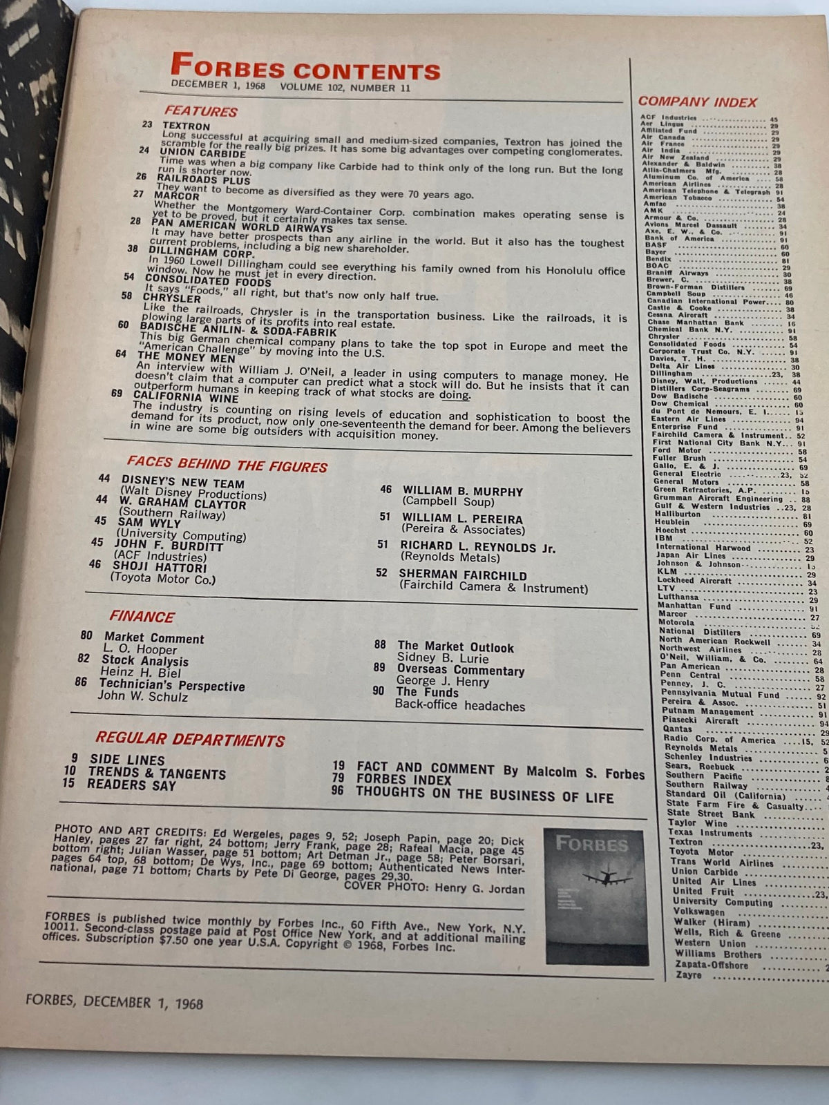 Table of contents page from VTG Forbes Magazine December 1, 1968, listing features including Pan American World Airways.