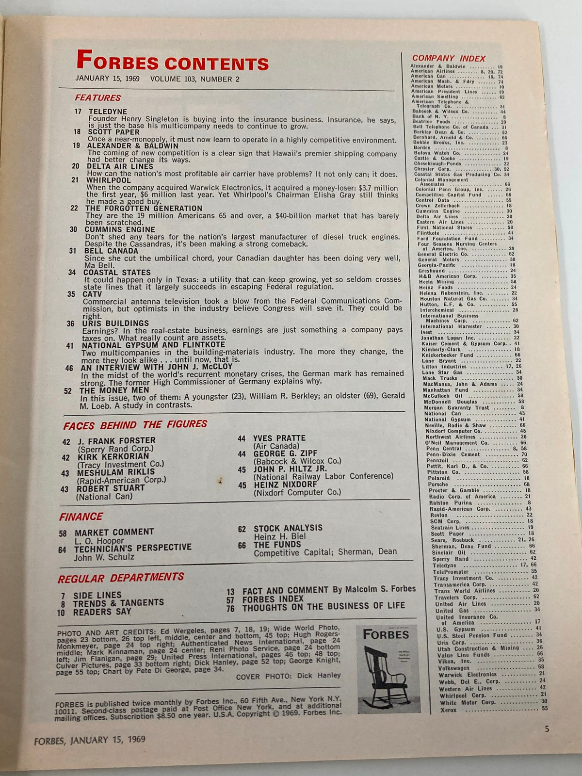 Contents page of VTG Forbes Magazine January 15 1969, highlighting featured sections and articles.
