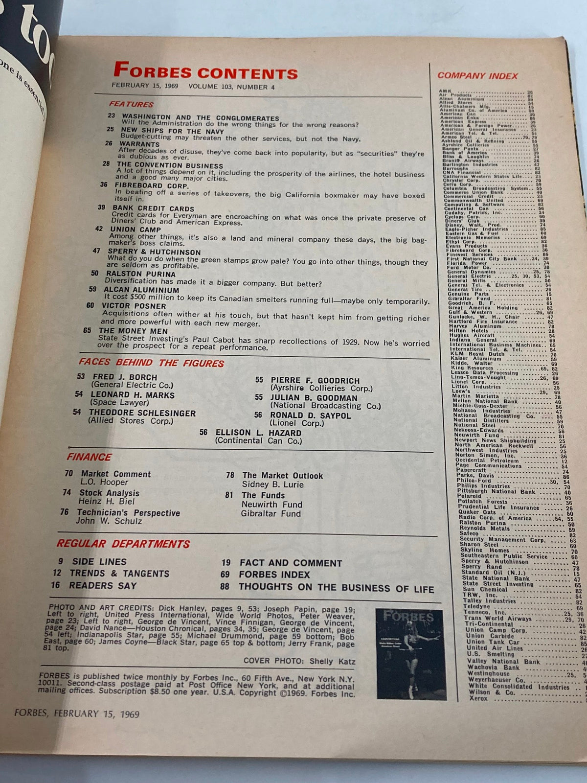 Contents page of the vintage Forbes Magazine dated February 15, 1969, outlining articles and features related to the 'Multi-Billion-Dollar American Ritual' issue.