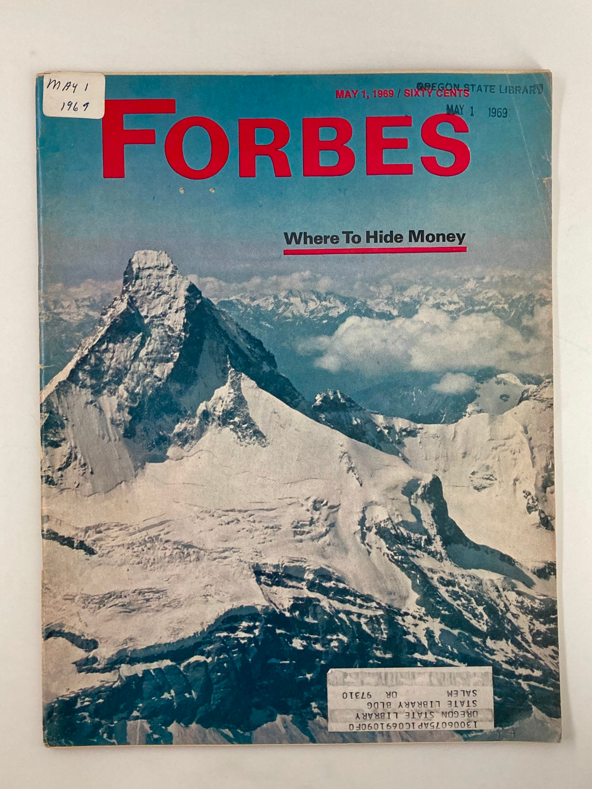 Cover of VTG Forbes Magazine May 1 1969 featuring the title 'Where To Hide Money' and a captivating mountain landscape.