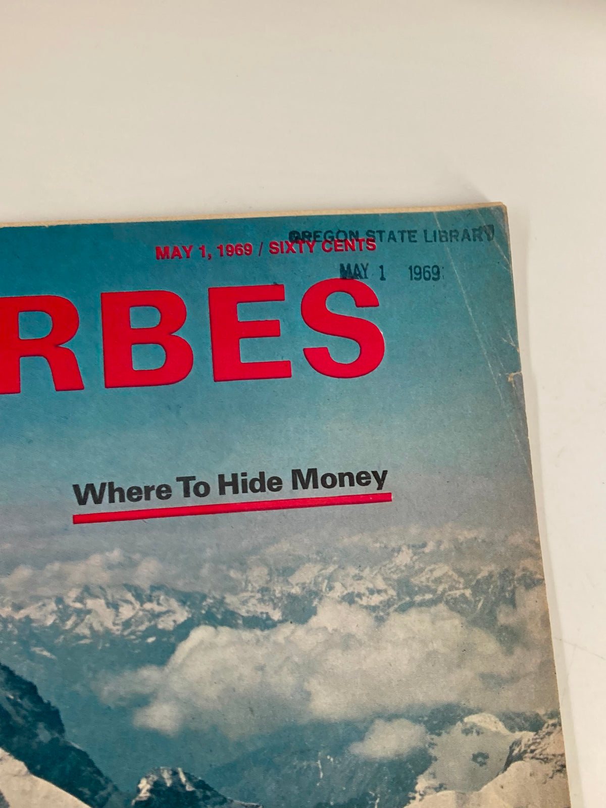 Close-up of the cover of VTG Forbes Magazine May 1 1969 showing the title 'Where To Hide Money' and publication date.
