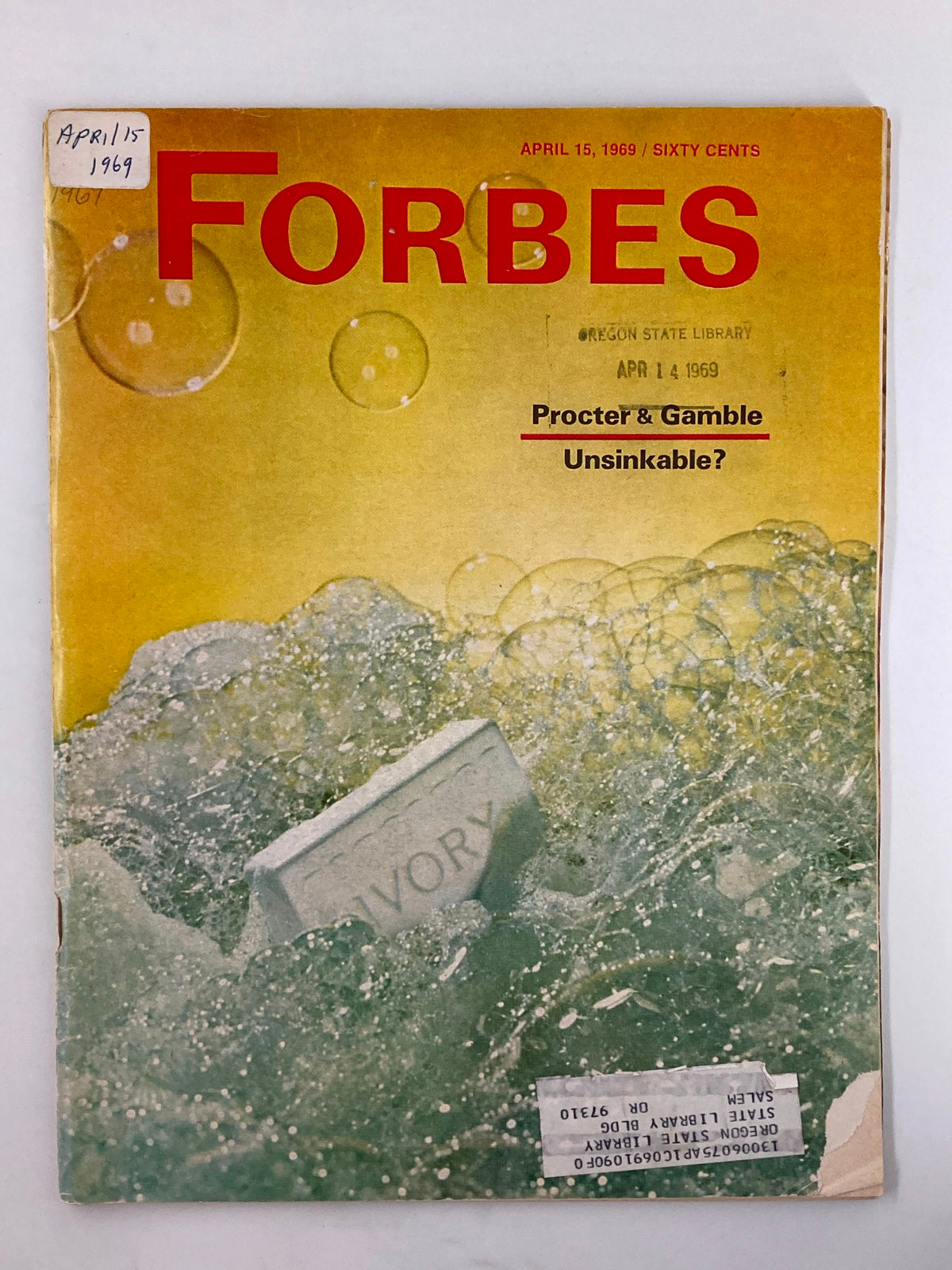 Vintage Forbes Magazine from April 15, 1969, featuring Procter & Gamble with the title 'Unsinkable?' on the cover, showcasing bubbles and an old soap bar.