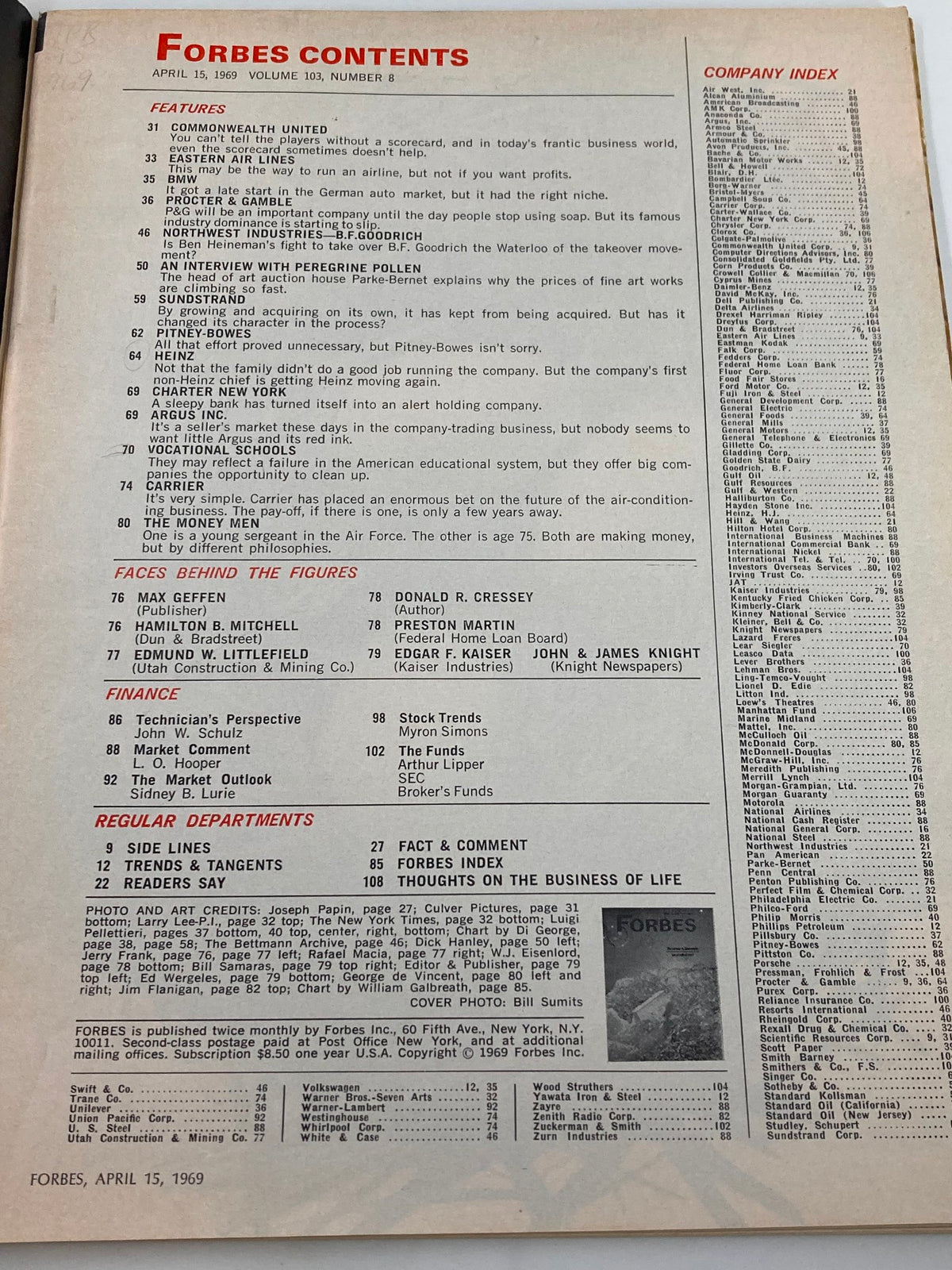 Contents page of the vintage Forbes Magazine April 15, 1969, showcasing articles including features on Procter & Gamble and other important topics of the era.