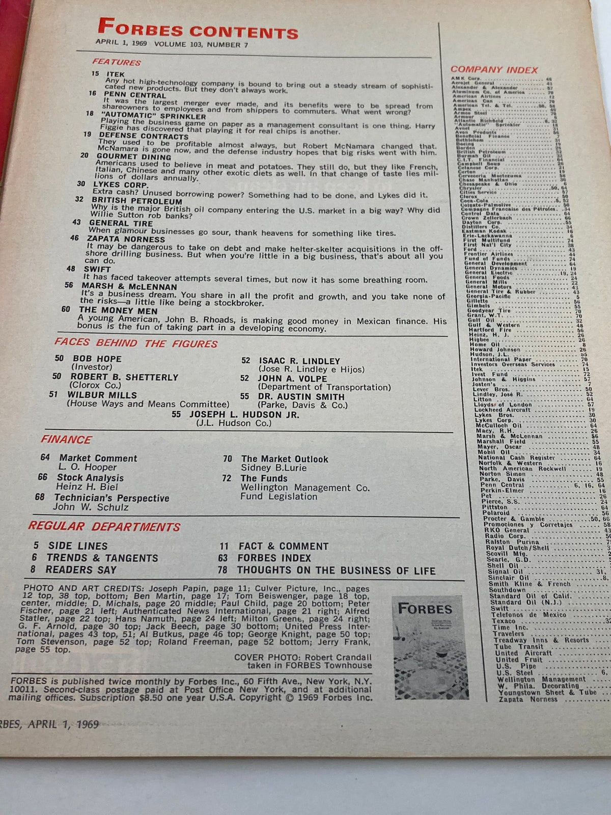 Interior page of VTG Forbes Magazine April 1 1969 displaying the table of contents with feature articles and company index related to business and finance.