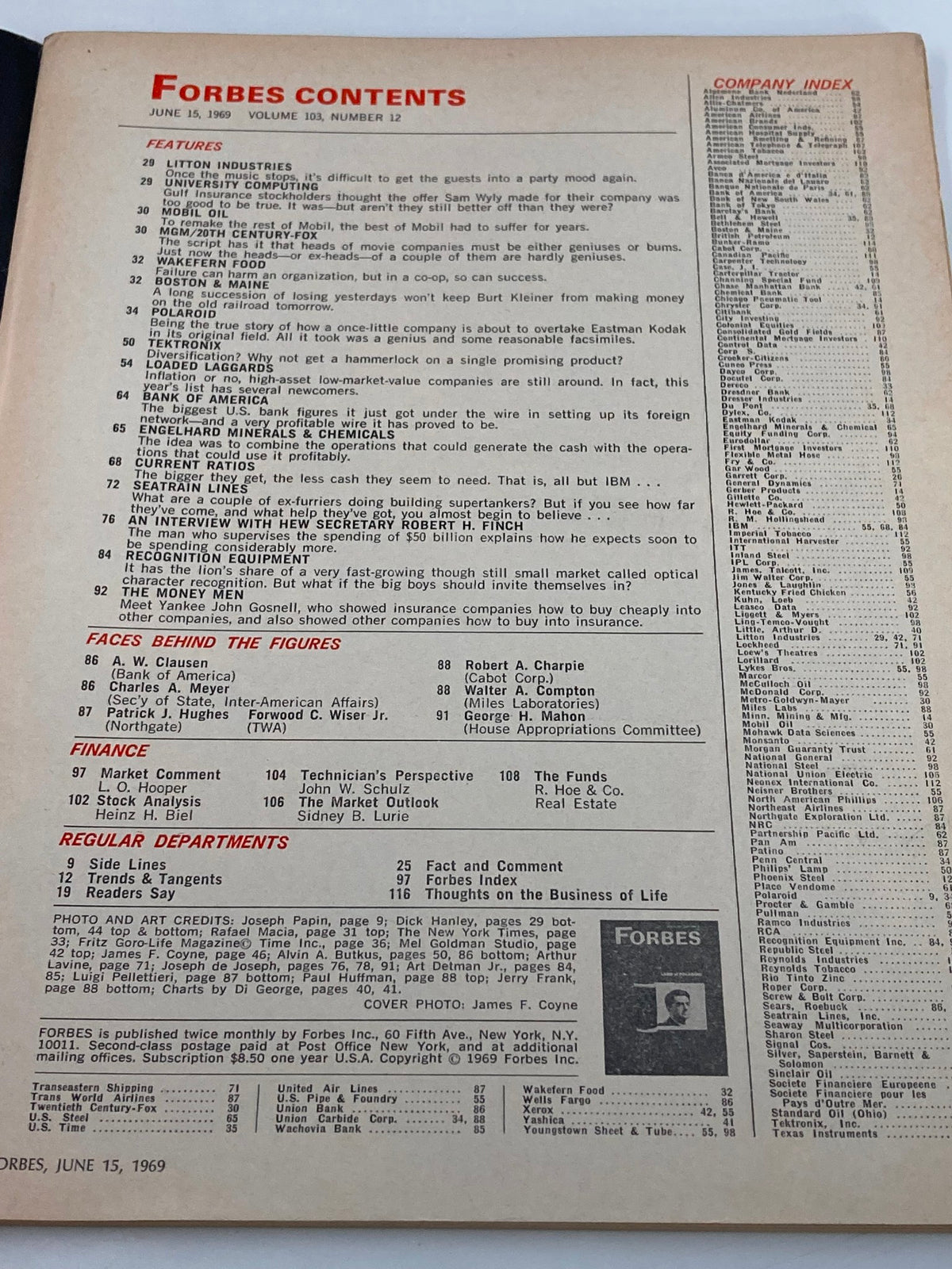 Inside contents page of VTG Forbes Magazine, June 15, 1969, detailing articles and features including 'Interviews', 'Finance', and indexes, showcasing a glimpse into the magazine's structure and topics during a transformative era.
