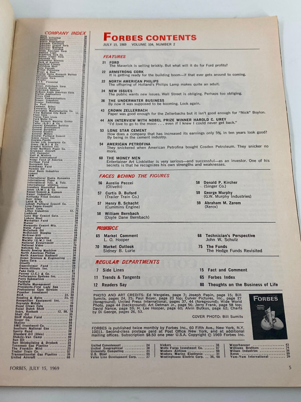 Interior page of VTG Forbes Magazine July 15 1969, showcasing the company index and article features, reflecting the publication's vintage appeal.